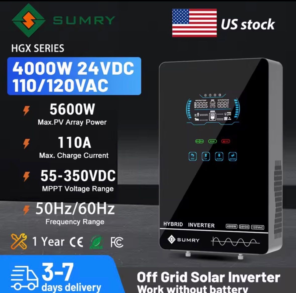 Sumry 4KW 120V Off Grid Solar Inverter 24V 140A 5600W MPPT Charger Pure Sine Wav