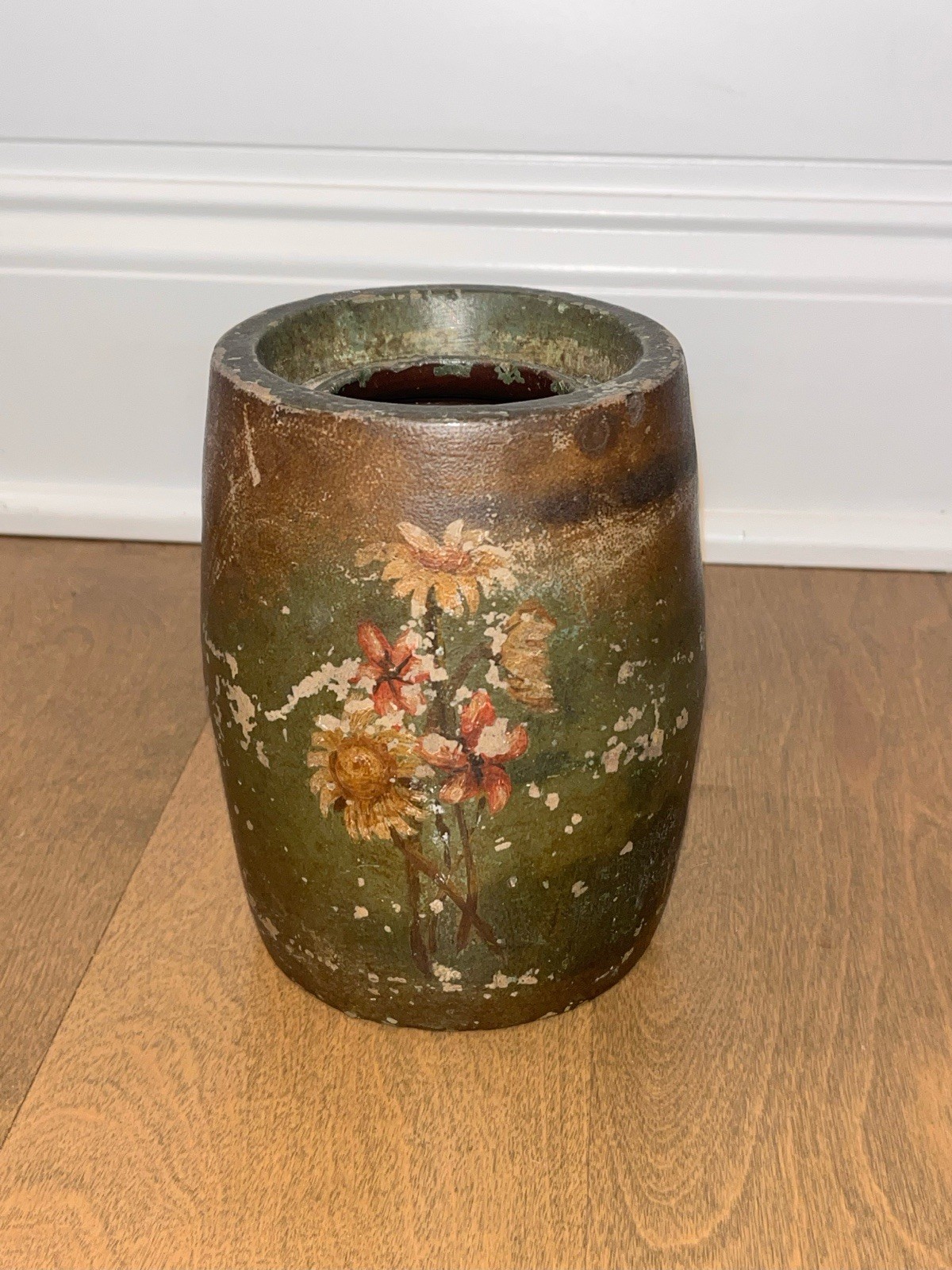 Stoneware Primitive 19th Century Jar: Dark Green Finish W/ Floral Painting