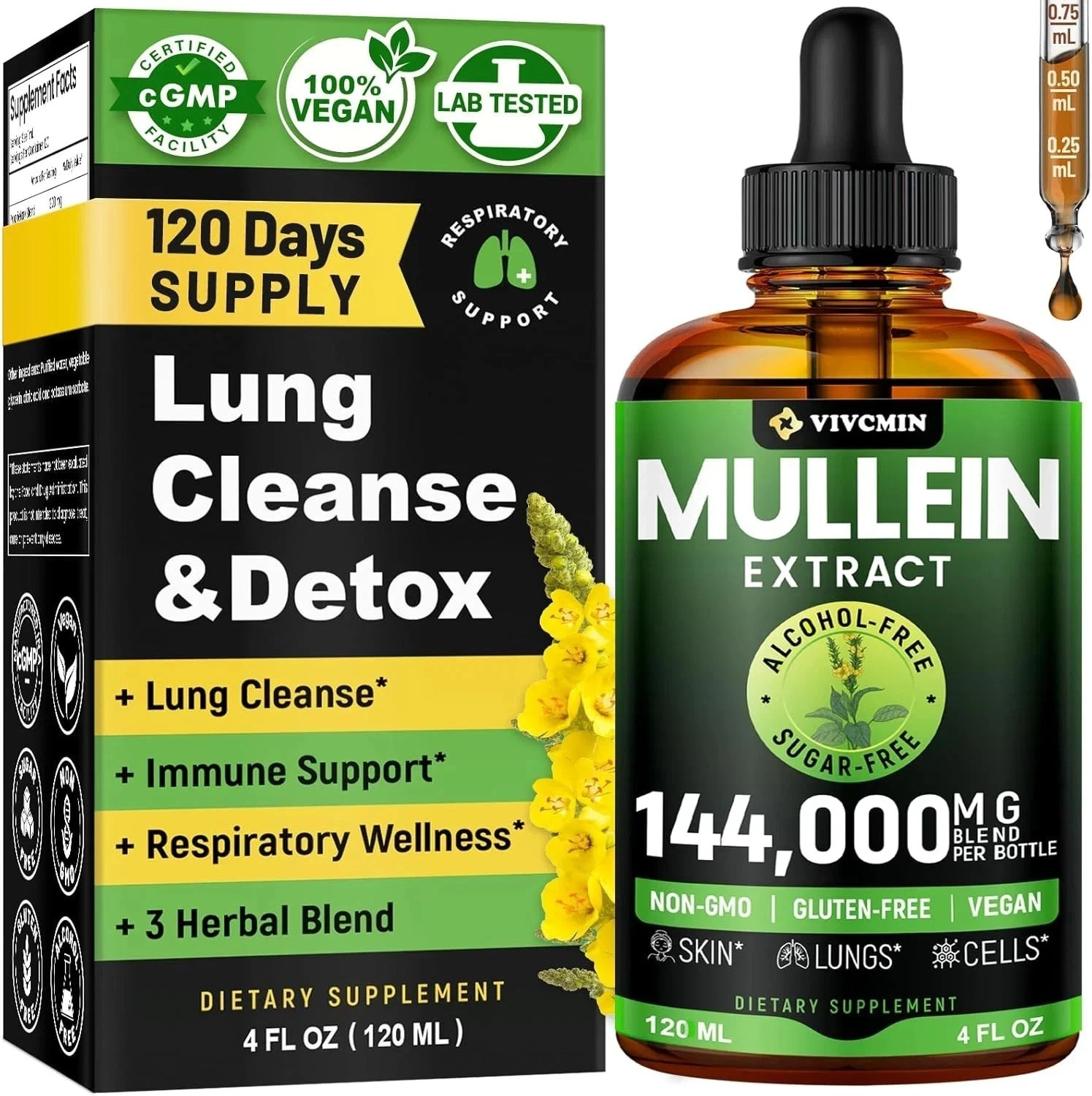 Mullein Drops for Lungs - Organic Liquid - Mullein Leaf Extract 4 fl oz Mullein Drops for Lungs - Organic Liquid - Mullein Leaf Extract 4 fl oz