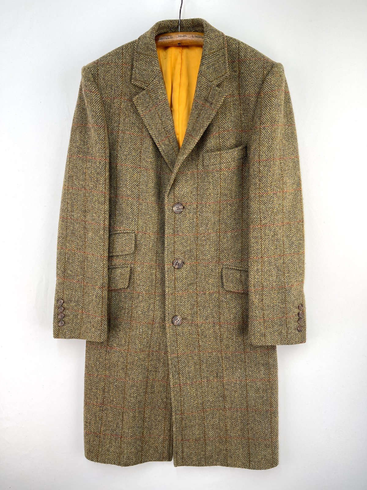Charles Tyrwhitt Overcoat Mens 36R Green Brown Harris Tweed Herringbone Check