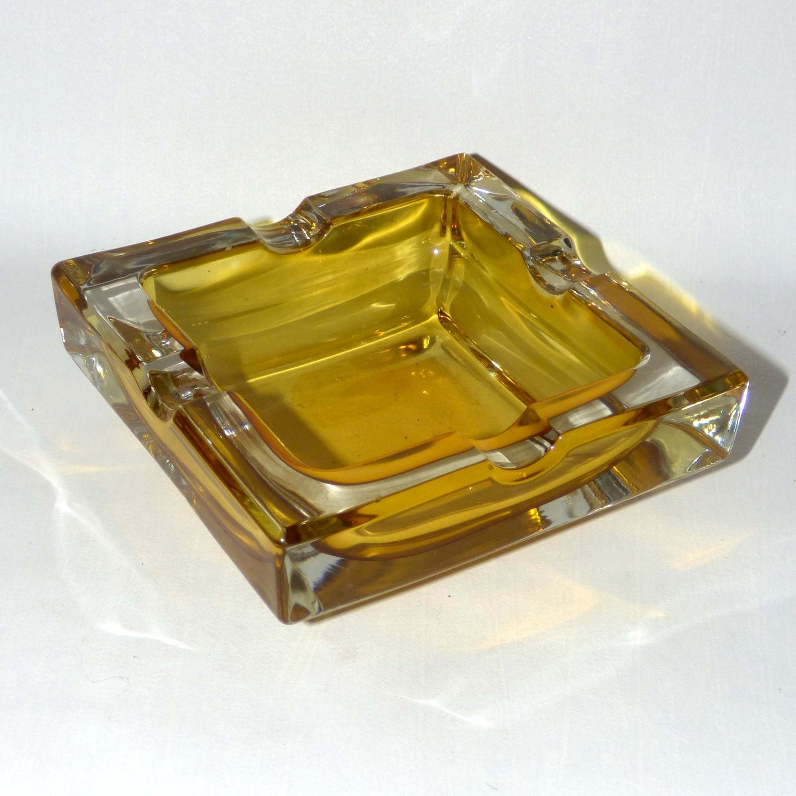 Vintage MCM Sommerso Amber Glass Ashtray Murano Style Square Heavy