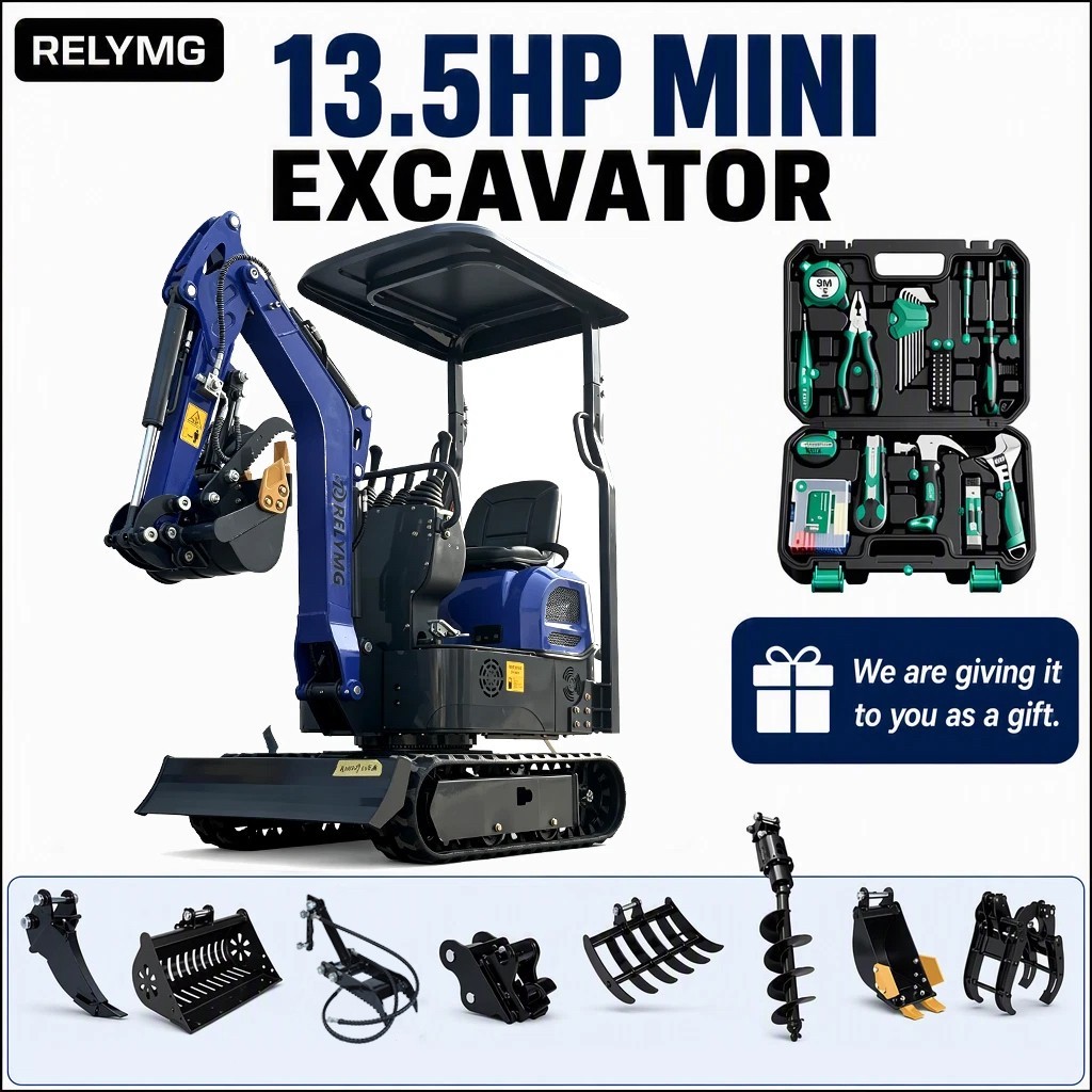 1Ton Mini Excavator 13.5HP EPA Gas Free Delivery / Unloading+ 9 accessories.