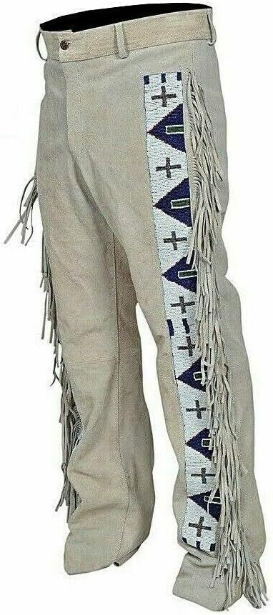 Men\'s Native American Buckskin/Deerskin Suede Leather Pant Fringes Red Indian