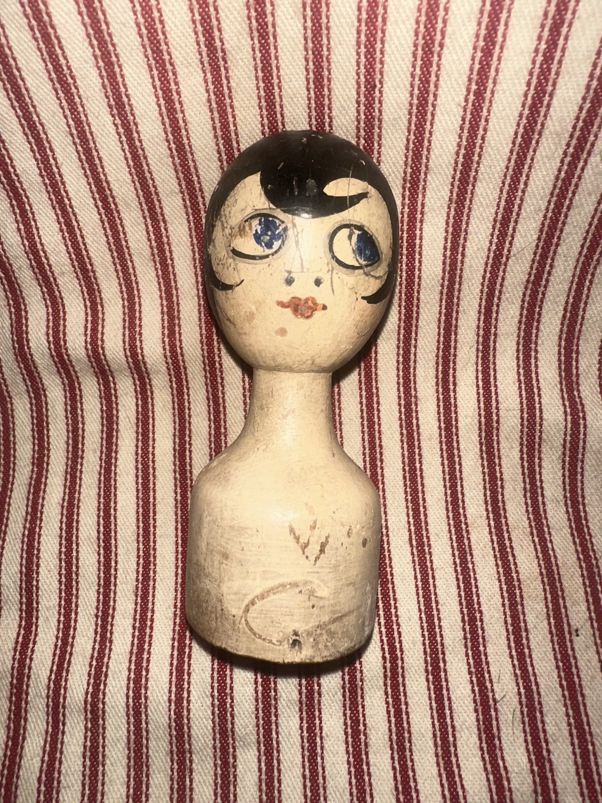 Antique Dowel Wooden Folk Art Painted Flapper Girl Style Head Antique Dowel Wooden Folk Art Painted Flapper Girl Style Head