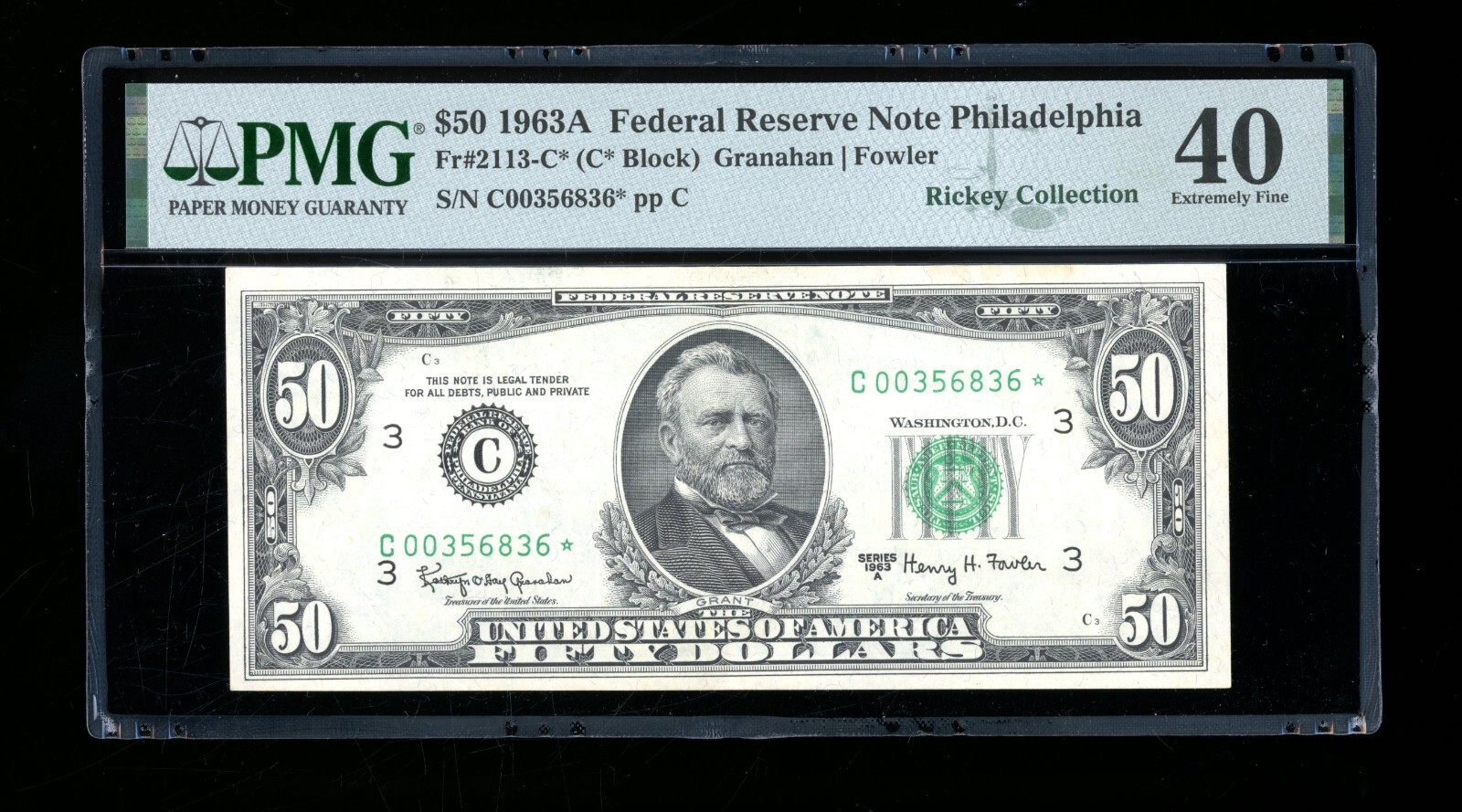 DBR 1963-A $50 FRN Philadelphia STAR Fr. 2113-C* PMG XF-40 Serial C00356836*