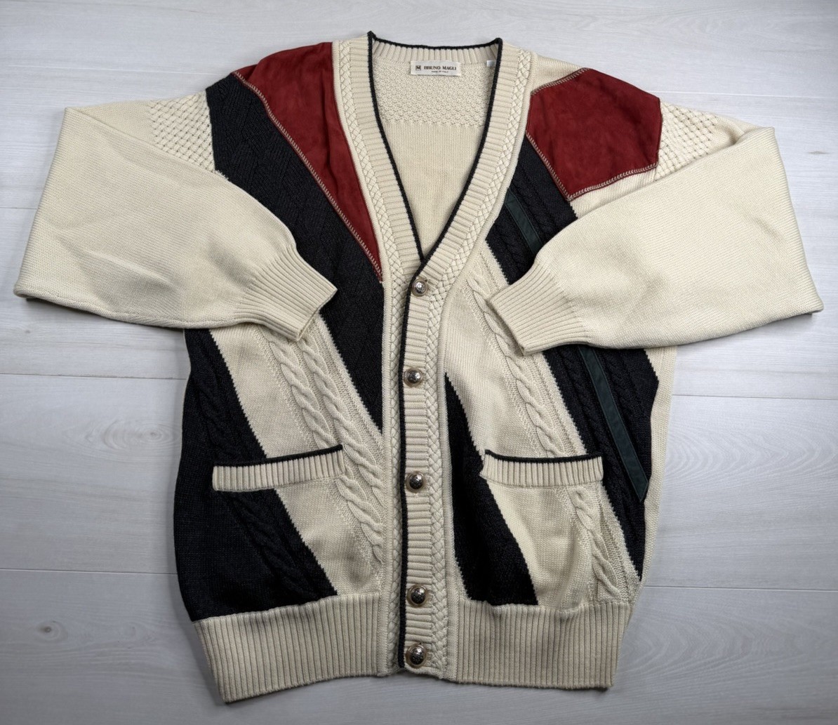 Vtg Bruno Magli Wool Suede Cardigan Sweater Cable Knit Made In Italy Mens L RARE Vtg Bruno Magli Wool Suede Cardigan Sweater Cable Knit Made In Italy Mens L RARE