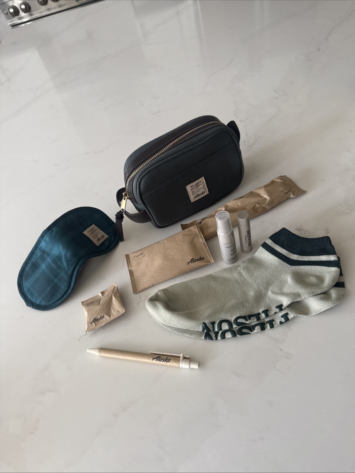Filson + Alaska Airlines First Class Mini Rugged Twill Dopp Kit W/ Accessories Filson + Alaska Airlines First Class Mini Rugged Twill Dopp Kit W/ Accessories