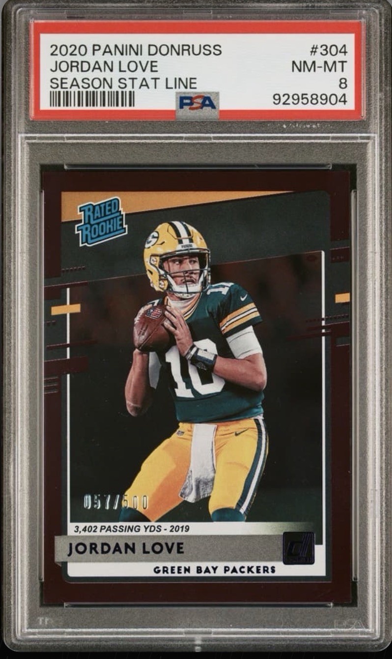 Panini 2020 Donruss Jordan Love Rated Rookie Season Stat Line #304 /500 PSA 8 Panini 2020 Donruss Jordan Love Rated Rookie Season Stat Line #304 /500 PSA 8