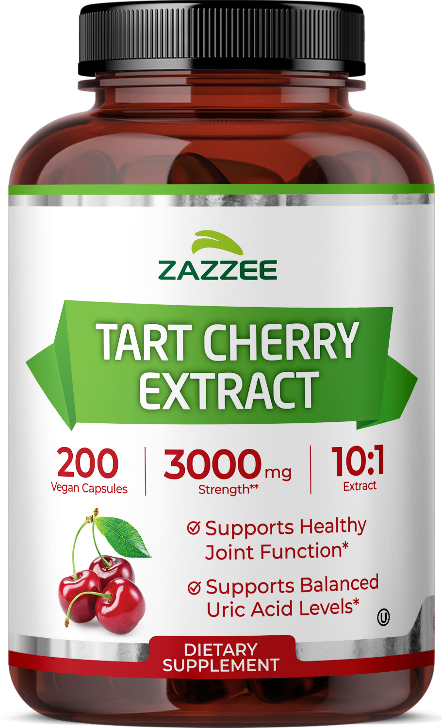 Zazzee Tart Cherry 10:1 Extract, 3000 mg Strength, 200 Vegan Capsules, Kosher