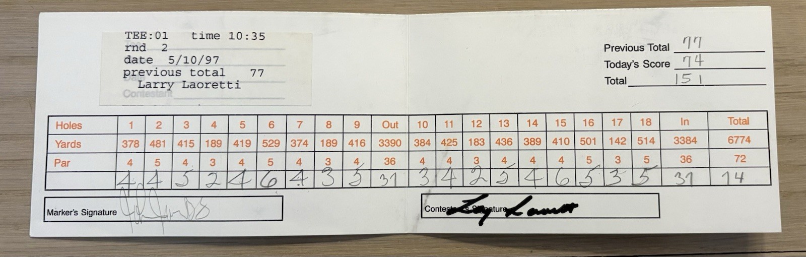 Larry Laoretti Signed Official Scorecard Very Rare See Photos Beckett Authen.