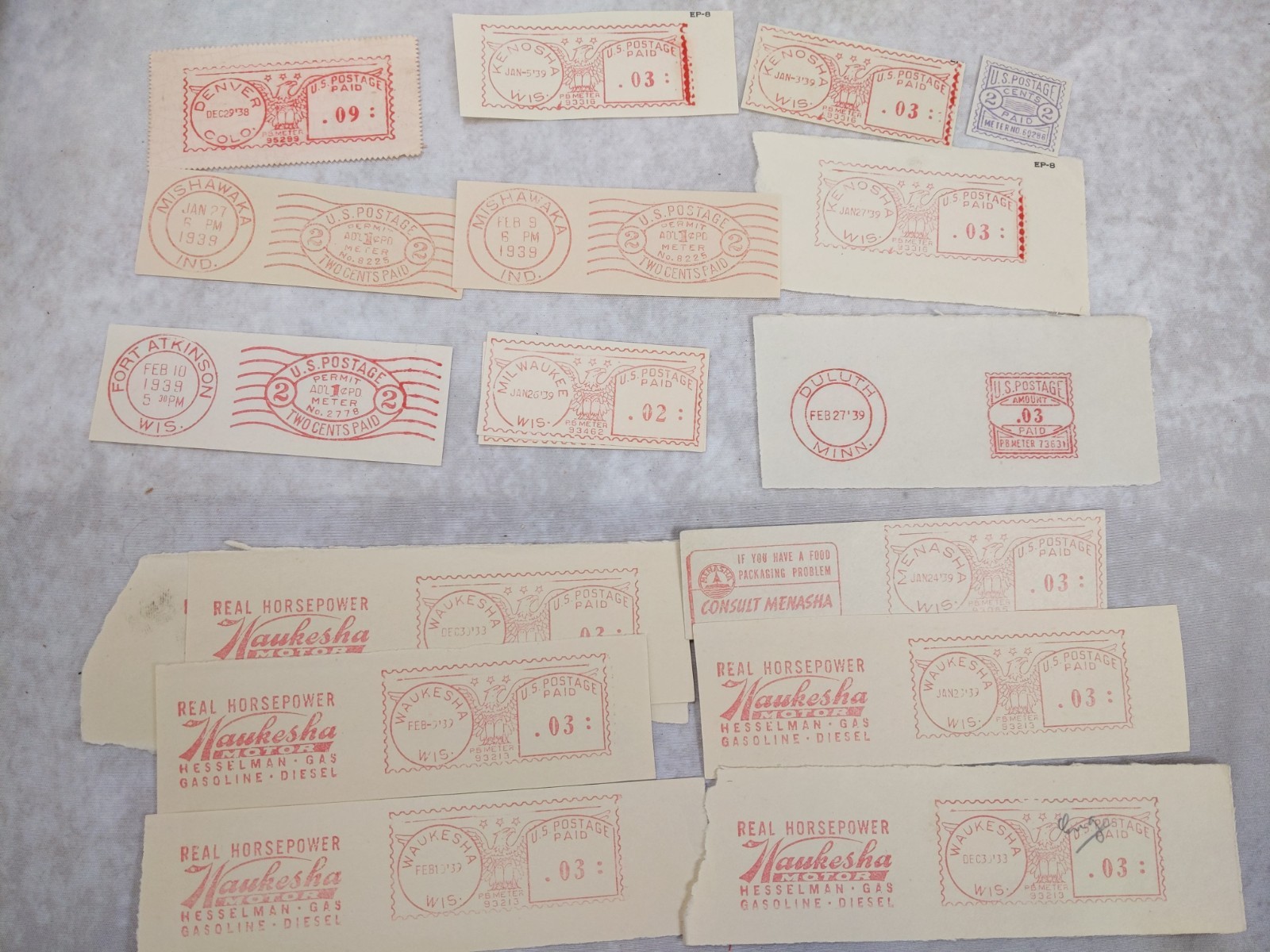 1938-39 US Postal Meter Stamp Cutouts Postmarks Ephemera Lot of 50+