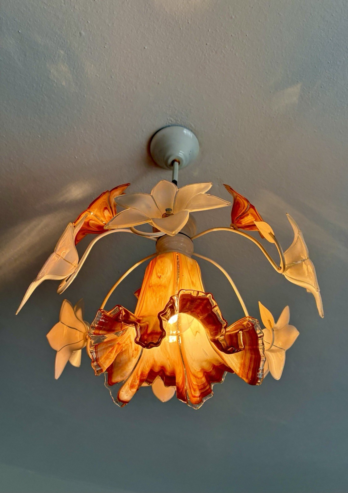 1980s Murano Vintage Chandelier  Daisies  Amber Floral Glass Romantic