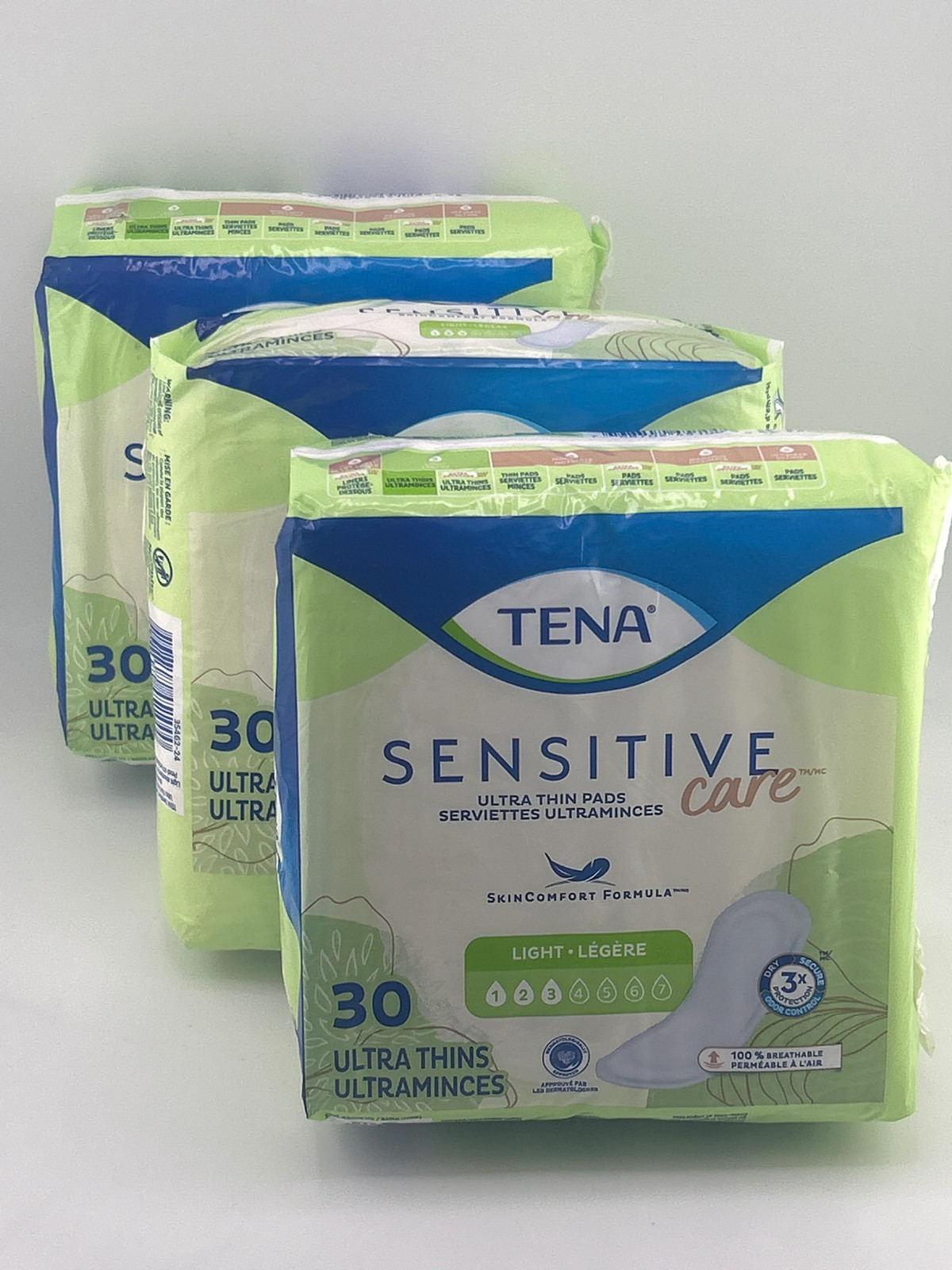 TENA Sensitive Care Ultra Thin Light Pads Regular 3 Packs 90 Total
