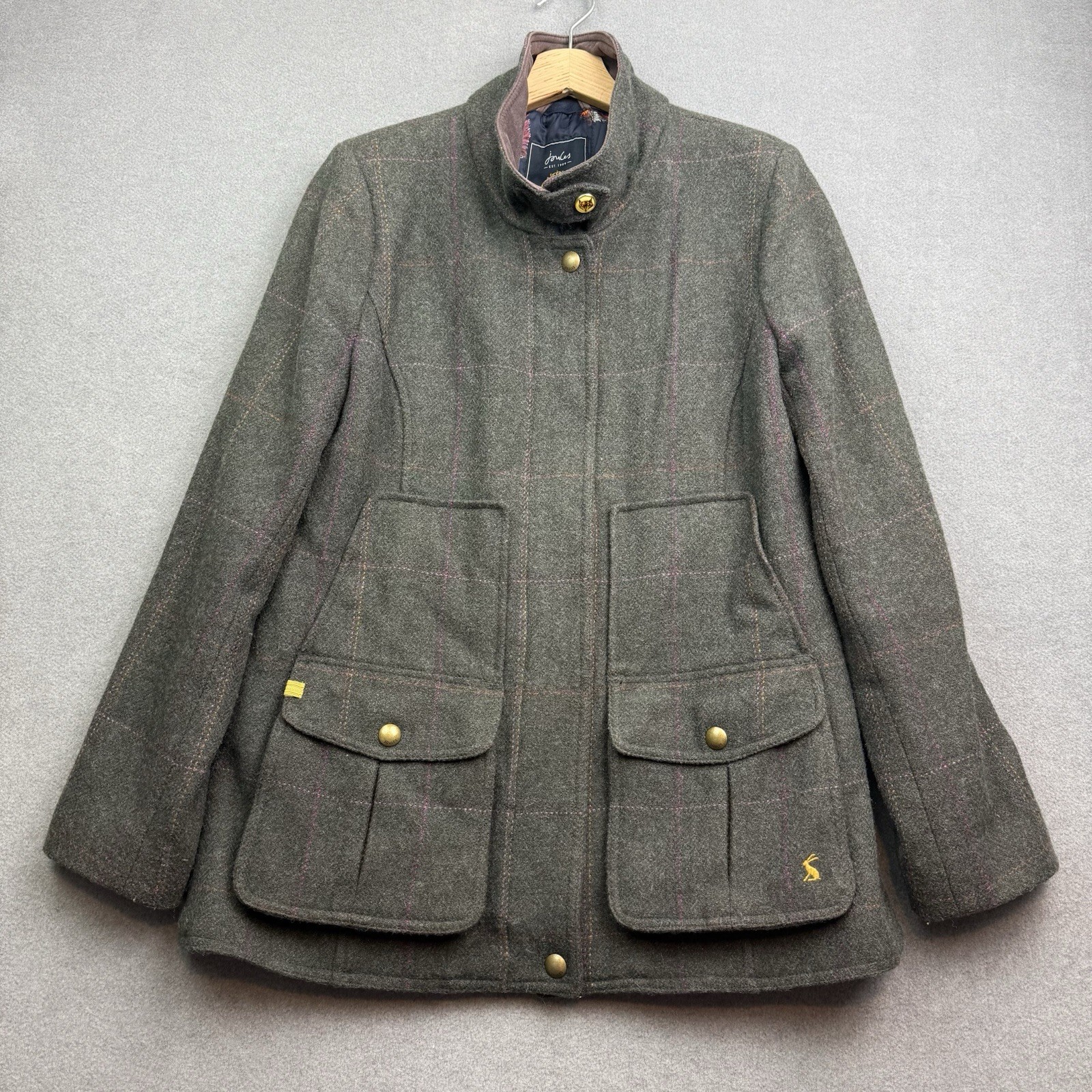 JOULES Field Coat Women UK 14 Green Tweed Wool Country Plaid Tartan Toad