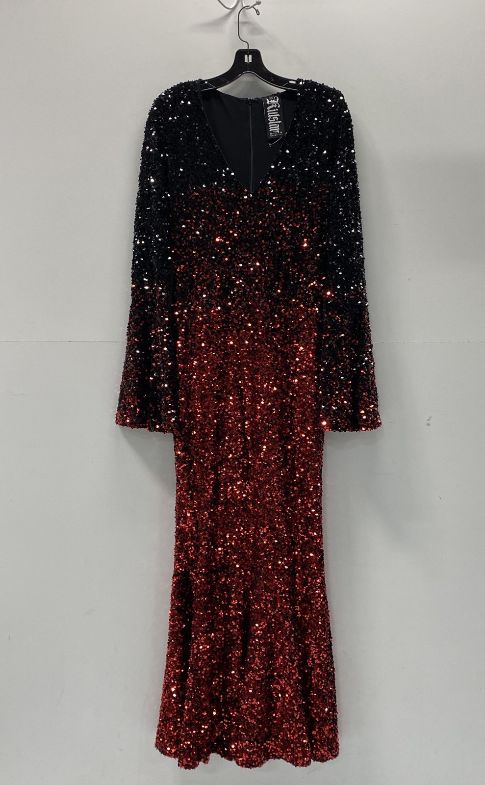 Killstar Women\'s Red Black Ombre Sequin V-Neck Long Sleeve Maxi Dress Sz M