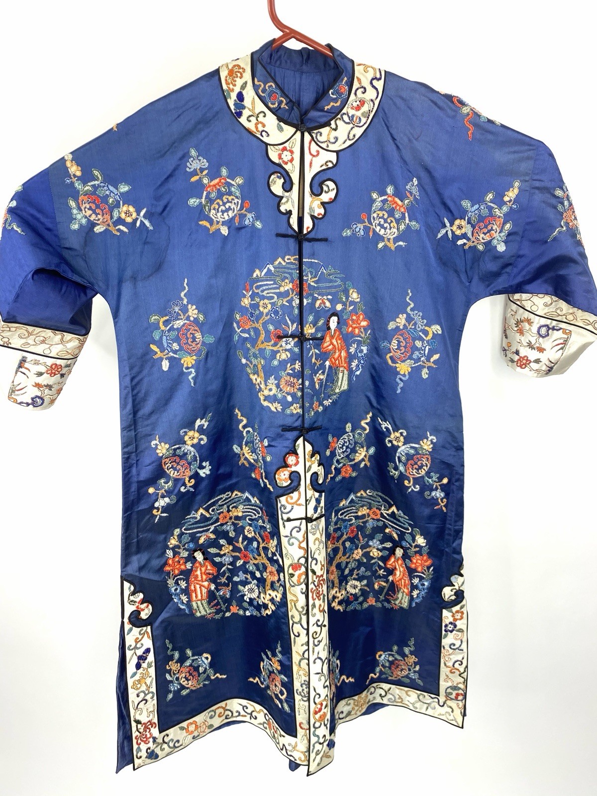 Antique Chinese Silk Embroidered Robe Republic Period 1920s Blue Medallion Coat
