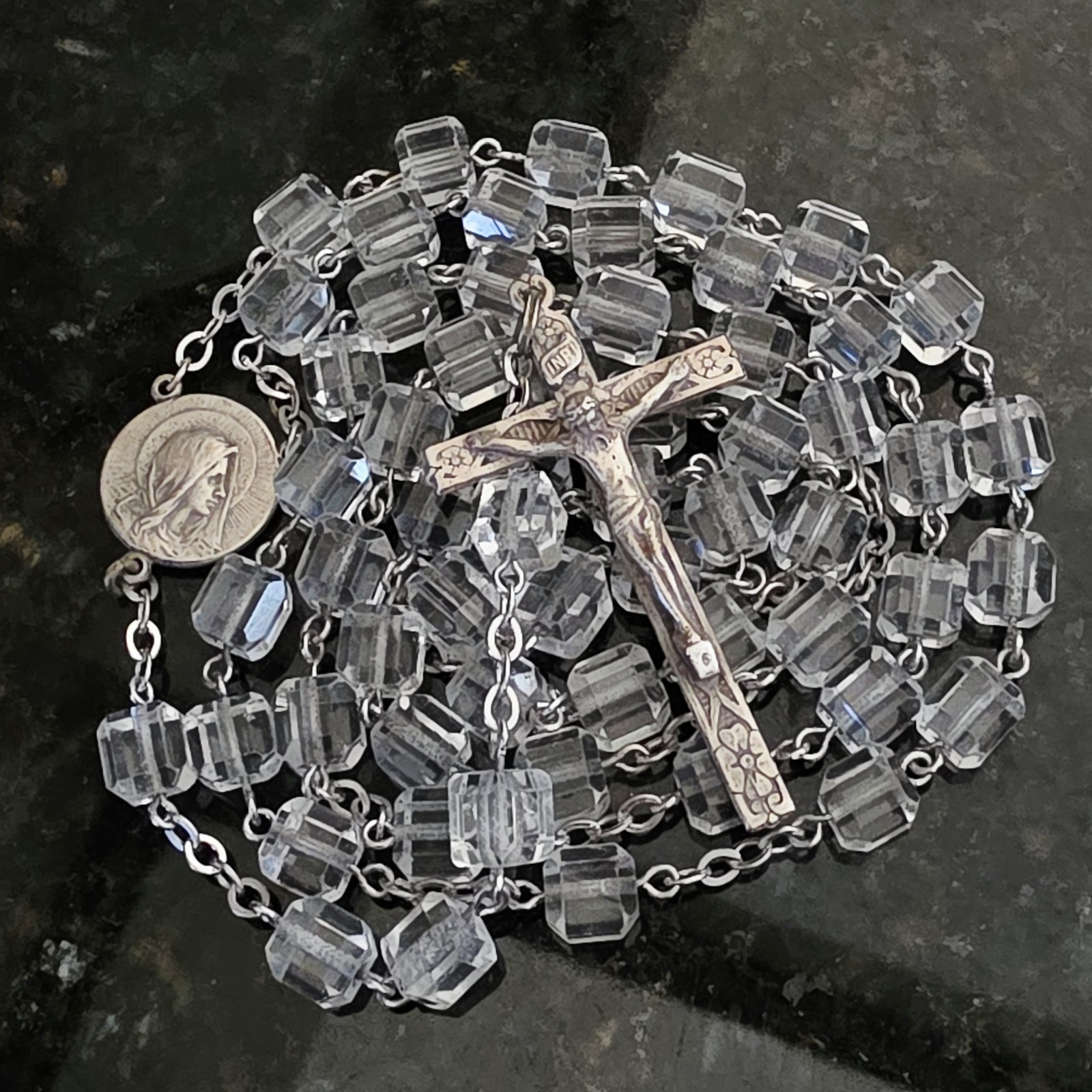 Vtg Kirk & Gormley Sterling Crucifix Rosary Square Faceted Quartz Crystal Beads