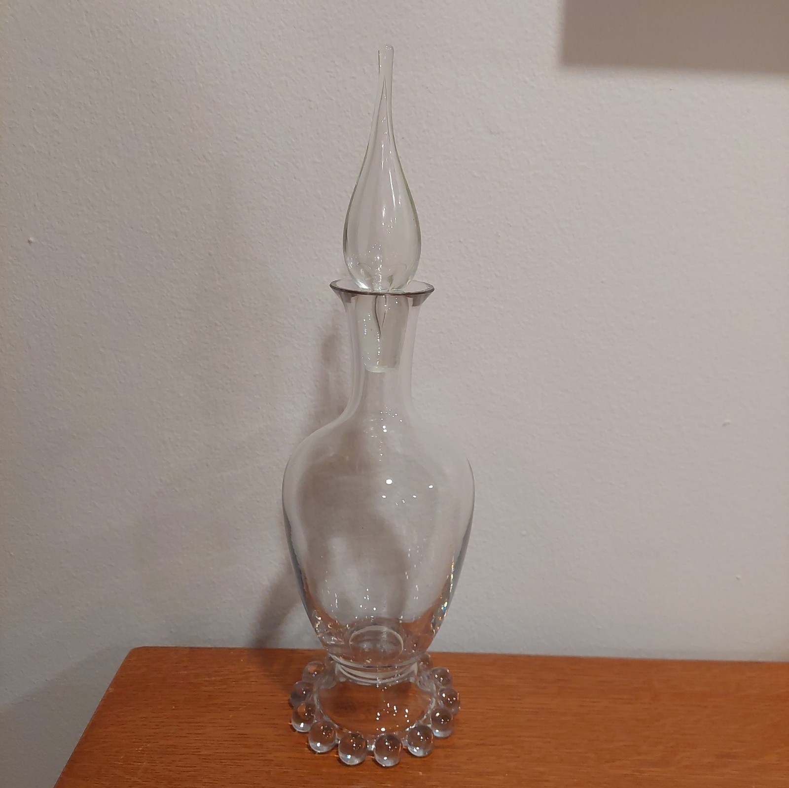 Vintage Clear Glass Beaded Foot Decanter With Teadrop/Flame Stopper 14.5\