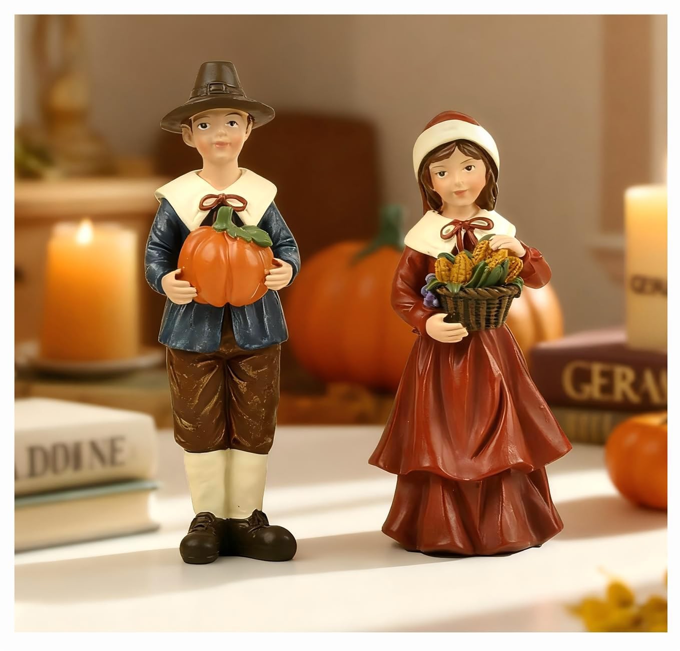 2 PCS Thanksgiving Pilgrim Resin Collectible Pumpkin Figurines Harvest Decor