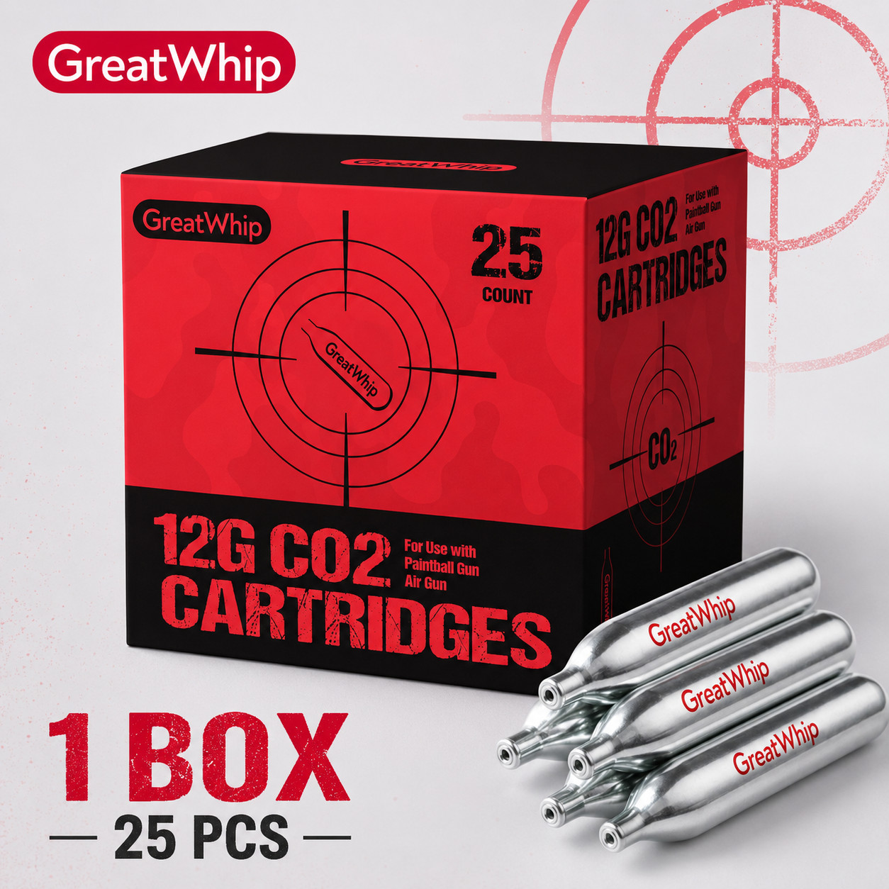 12G CO2 CARTRIDGE AIRSOFT BB GUN PAINTBALL NON-THREADED GreatWhip 25 PACK NEW