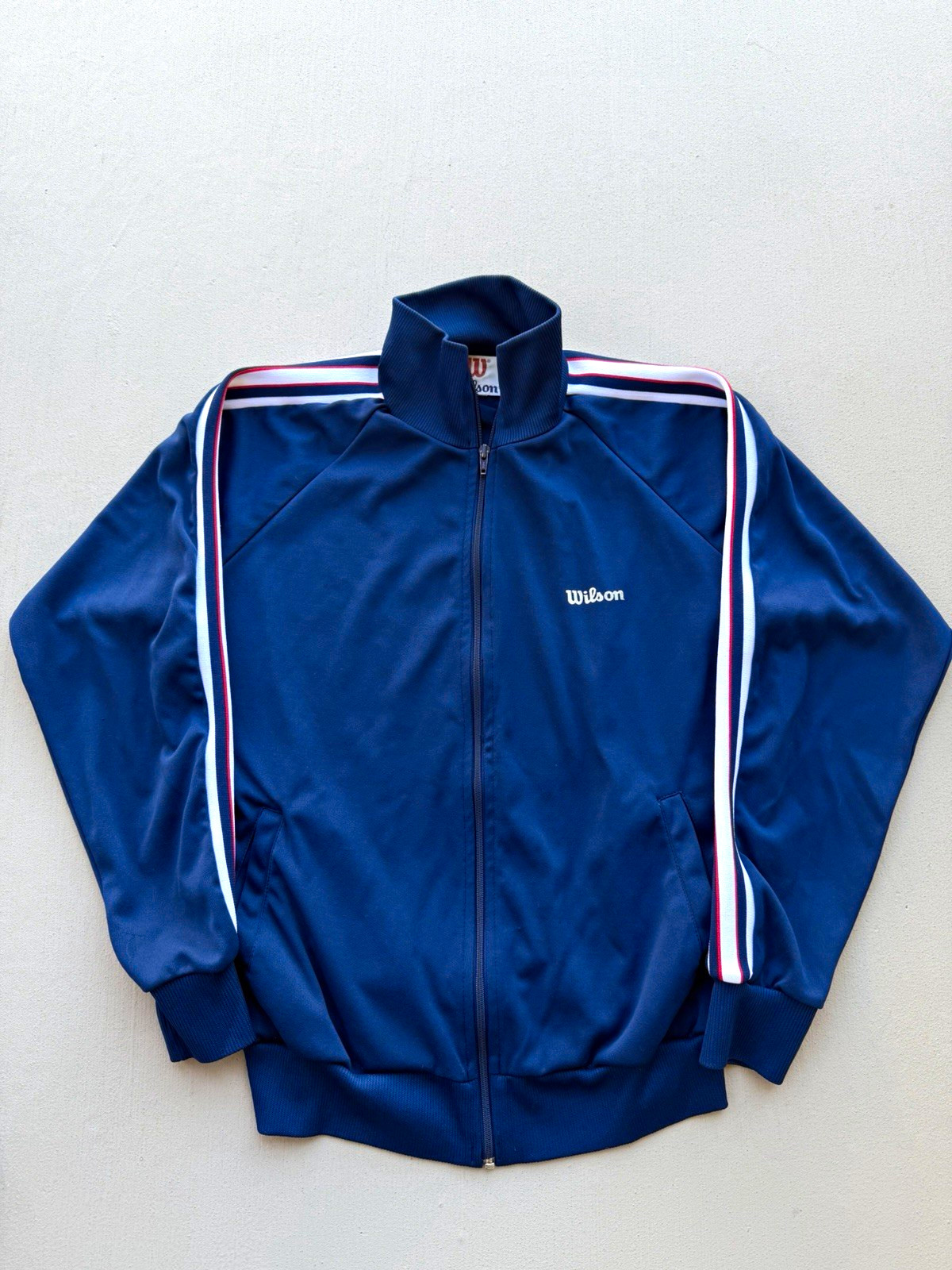 Vintage 90’s Wilson Men’s Track Jacket L Blue/White/Red Striped Full Zip