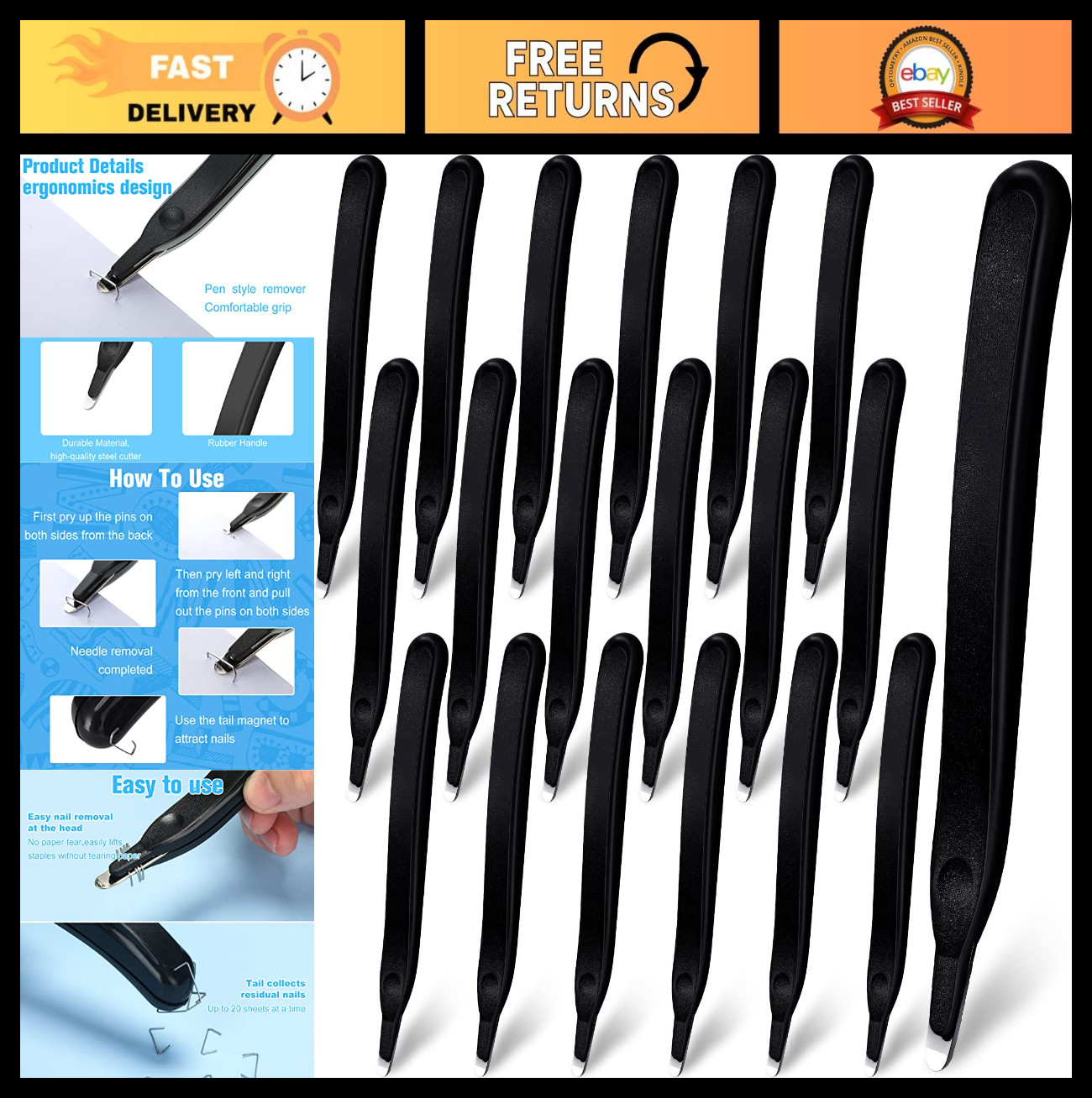 24 Pcs Magnetic Staple Remover Puller Bulk, Black