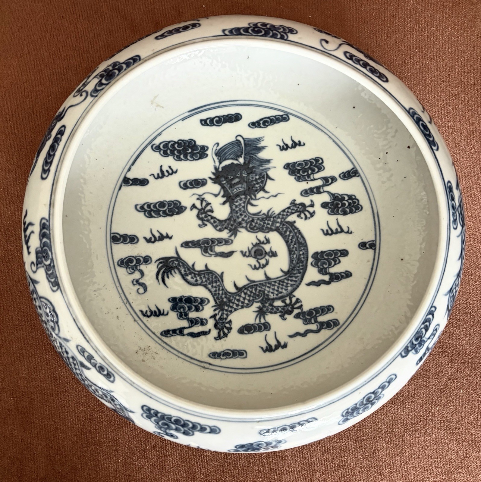 Qianlong Signed Chinese Blue & White Porcelain Brush Washer w/dragon 10.5”wide Qianlong Signed Chinese Blue & White Porcelain Brush Washer w/dragon 10.5”wide