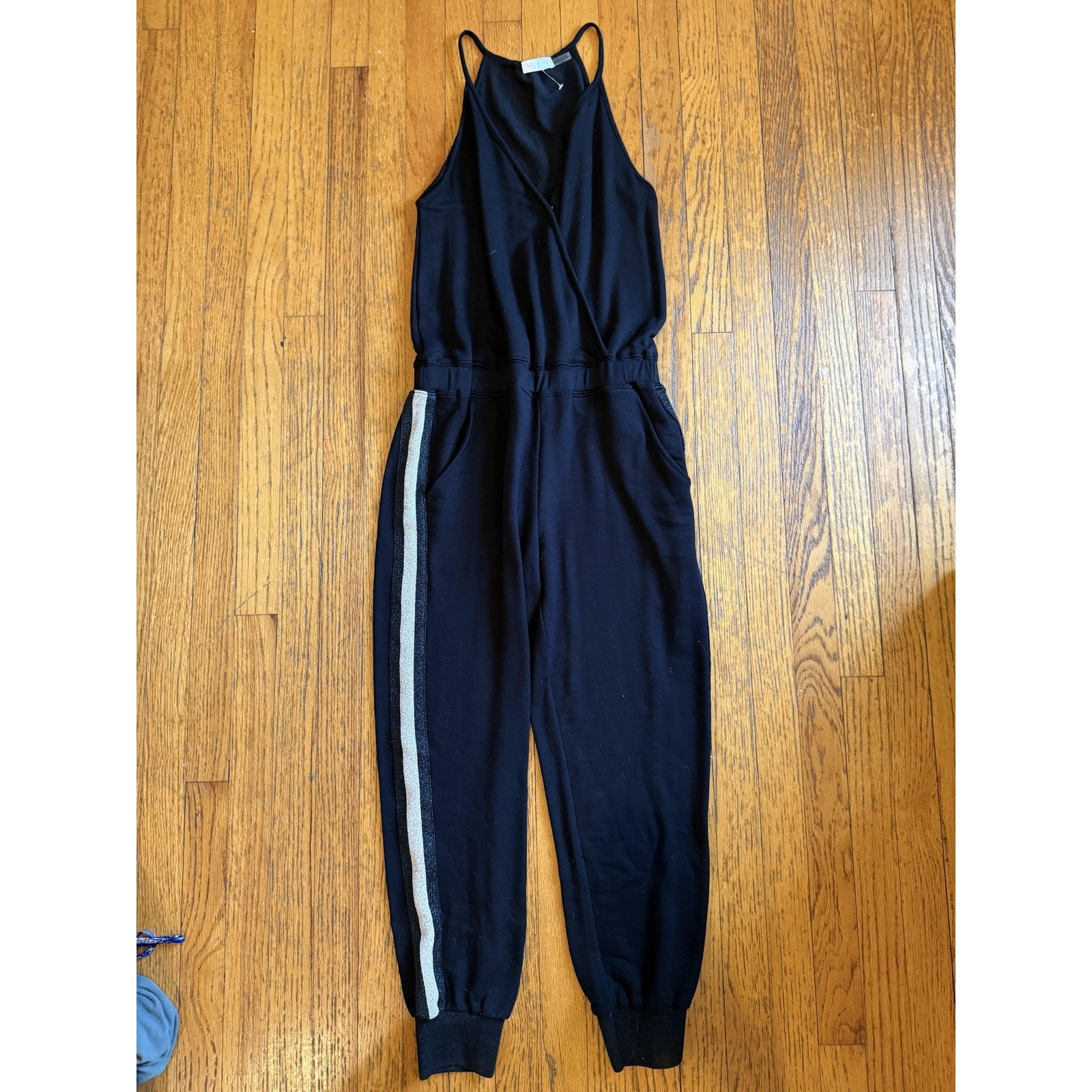 Ramy Brook Jumpsuit Womens Small Black Wrap Jogger Metallic Side Stripe Pockets