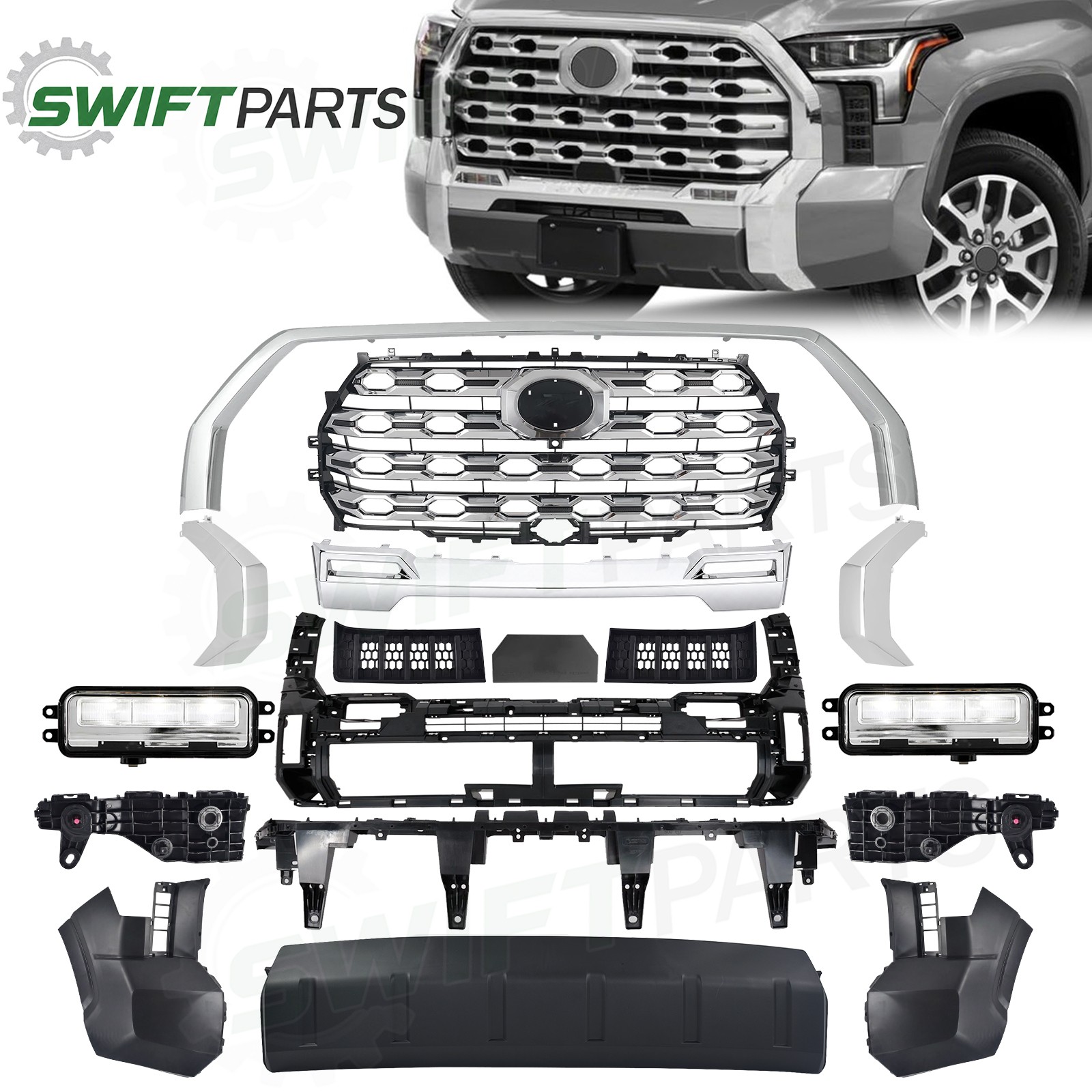 For 2022-2025 Toyota Tundra Front Bumper Grille Assembly Kit w/ Fog Light / Trim