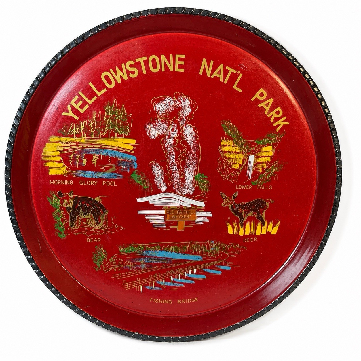 Vintage Yellowstone National Park 12” Tin Tray Old Faithful MCM NPS Souvenir USA
