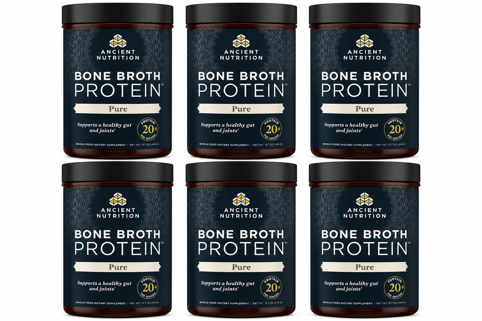 Ancient Nutrition Bone Broth Protein Powder Pure 20 Servings 6 Pack 120 Servings