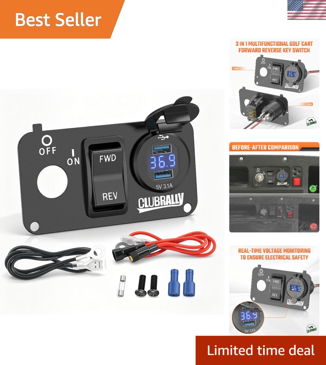 EZGO Golf Cart Key Switch Console Plate & Dual USB Charger - Fits TXT & Medalist