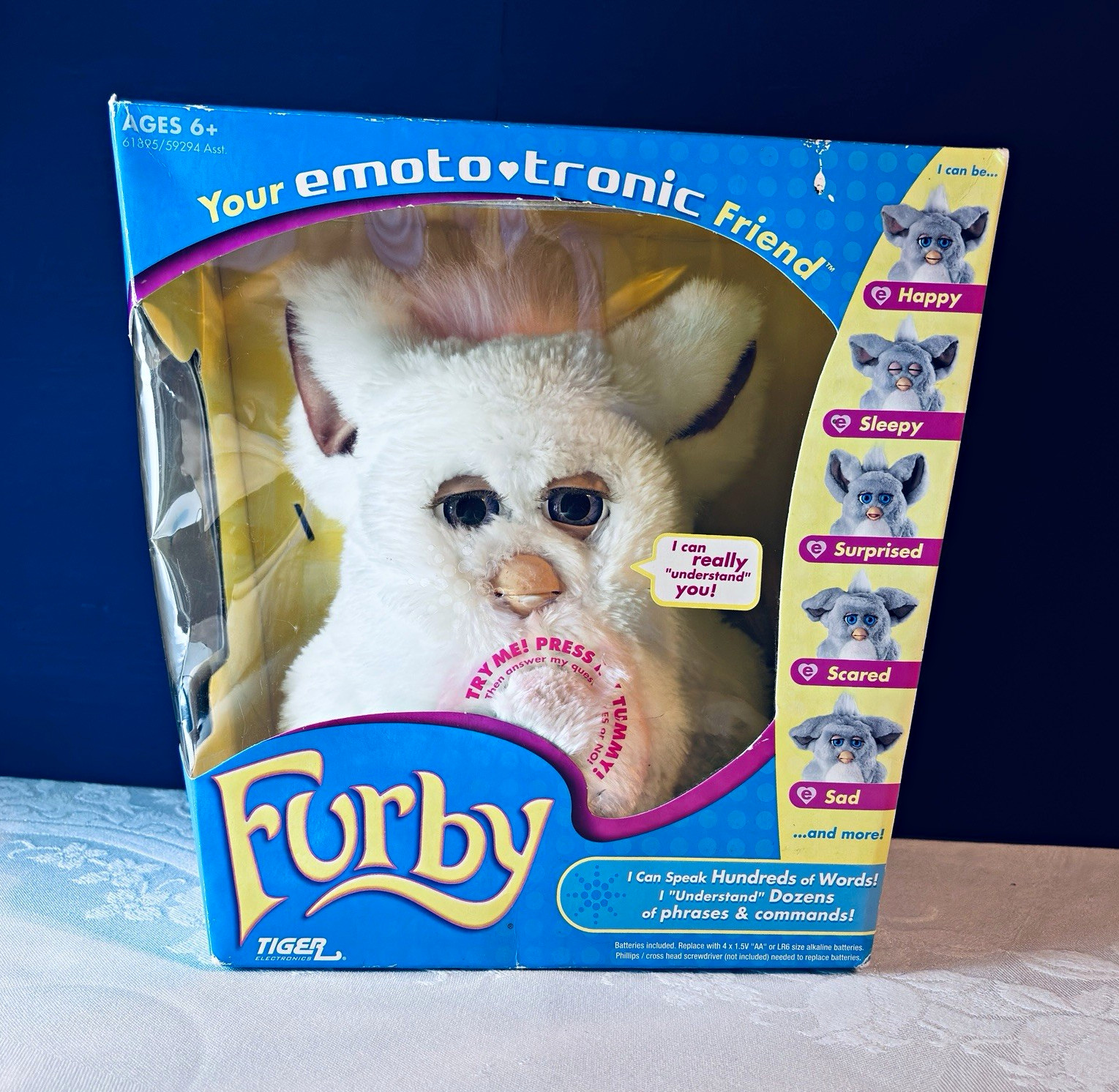 Furby Rare Marshmallow White & Cream with Purple Eyes Pink Hair 2005 New in Box