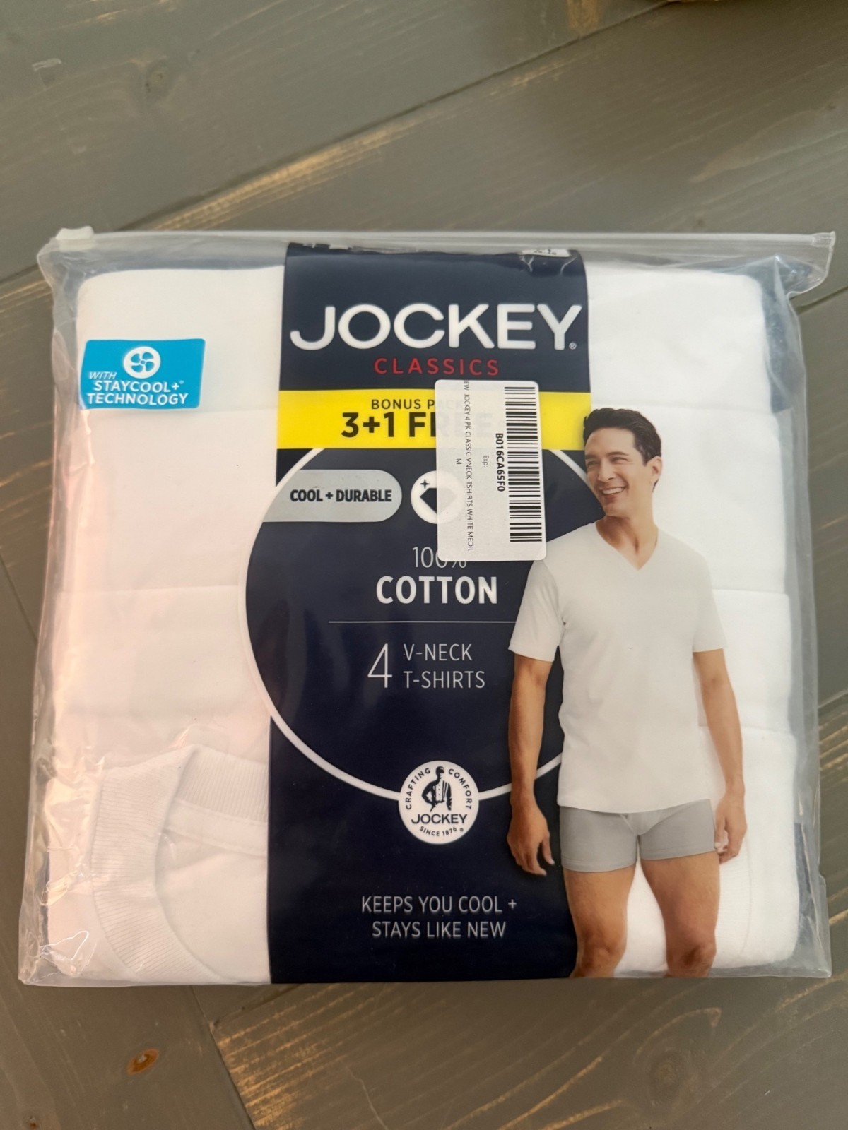 Jockey Mens Tagless  V-Neck Undershirts 4-Pack StayCool Technology White M