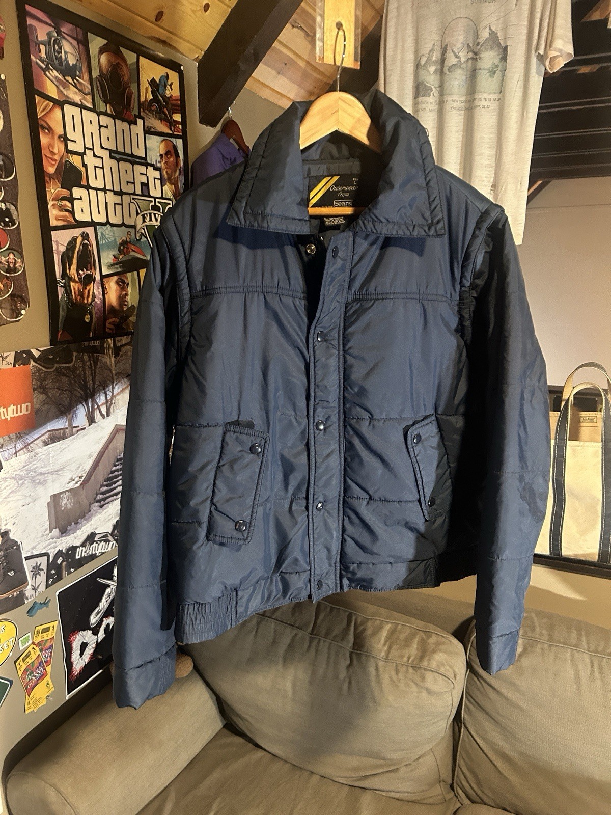 70s Sears Outerwear Trucker Puffer Jacket Mens L Removable Sleeves Vintage USA