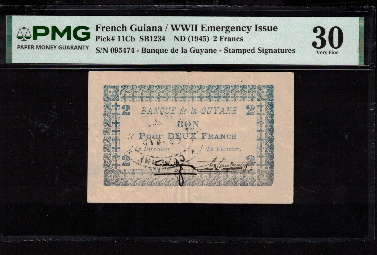 French Guiana 2 Francs WWII (1945)  SN 095474 P-11Cb PMG VF30