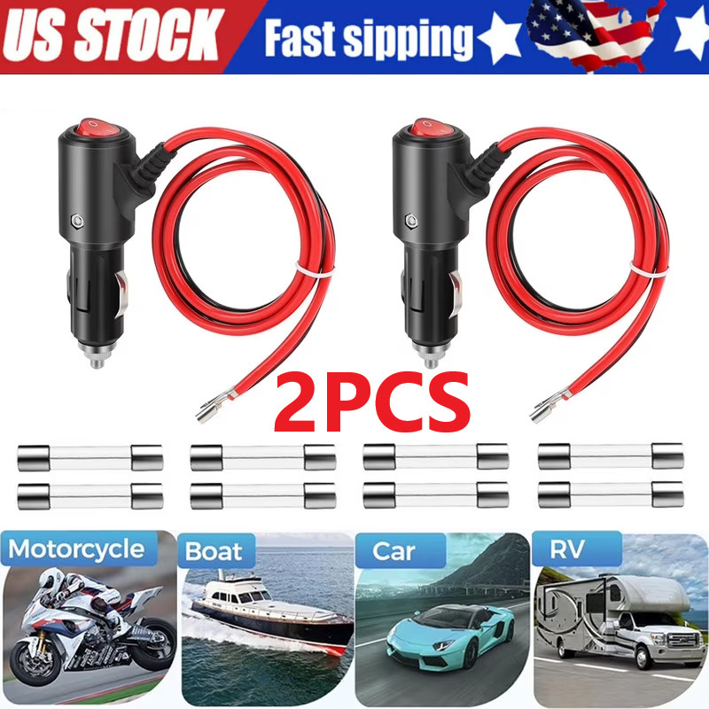 2pcs 12-24V Fused LED Car Cigarette Lighter Plug Socket Cable Adapter w/ Switch