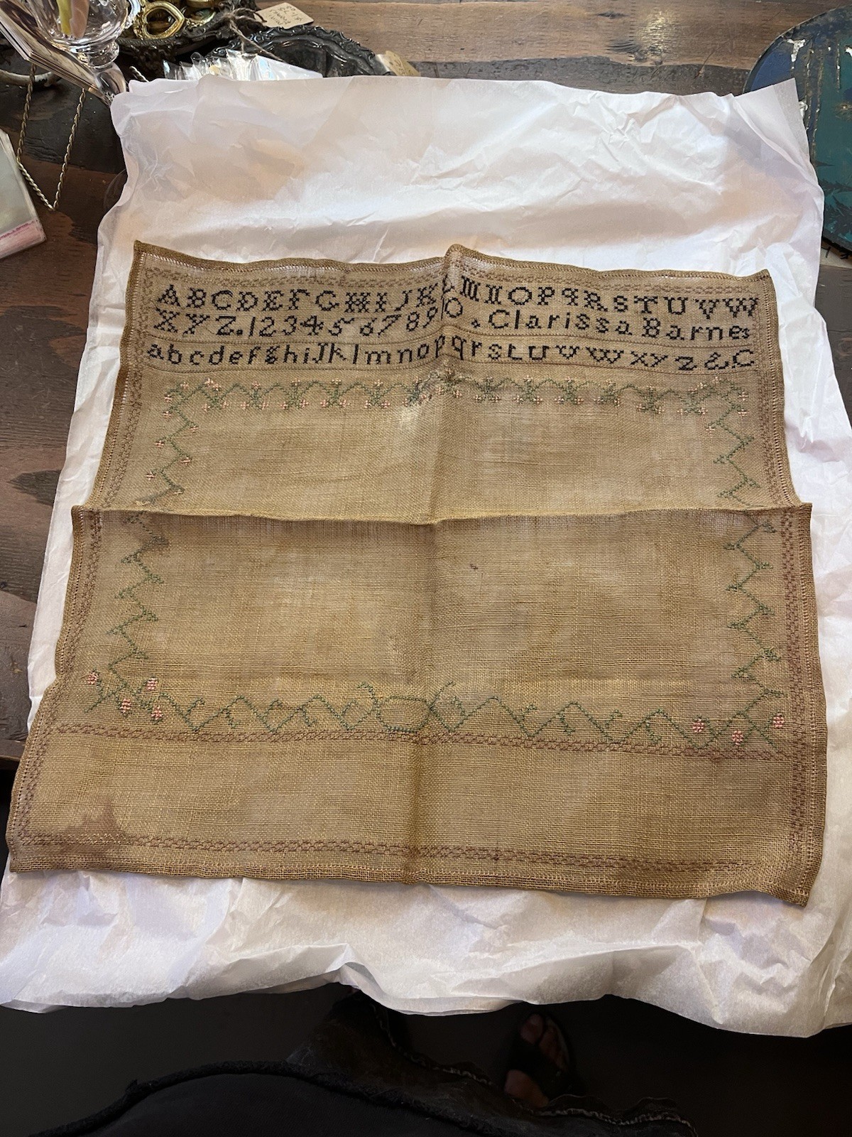 Antique c.1805 Clarissa Barnes of Connecticut embroidery sampler homespun linen