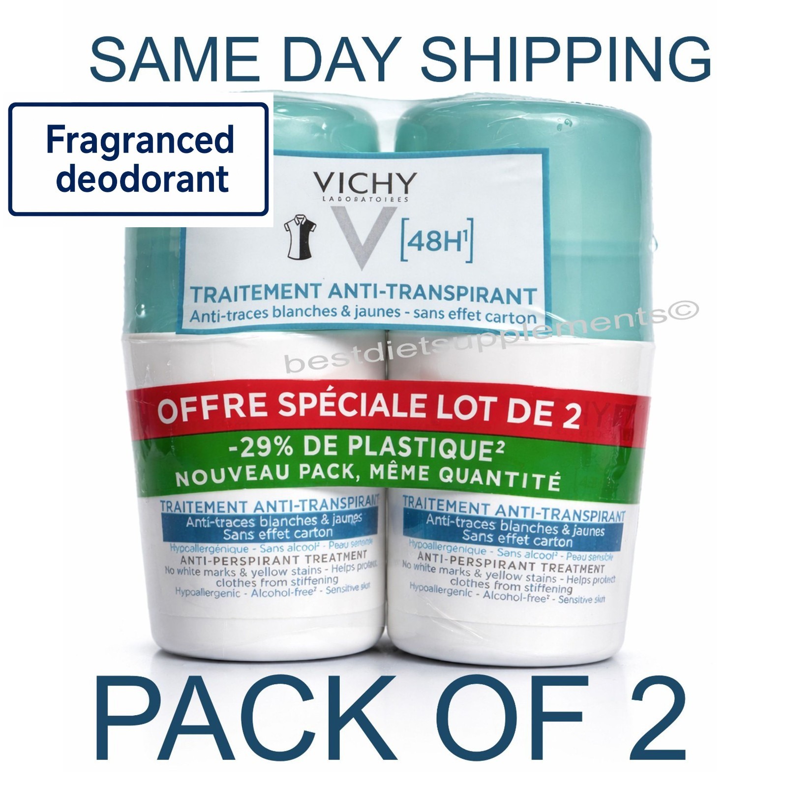 VICHY Intensive 48h Deodorant Anti-Perspirant Anti-White & Yellow Mark - 2x50ml