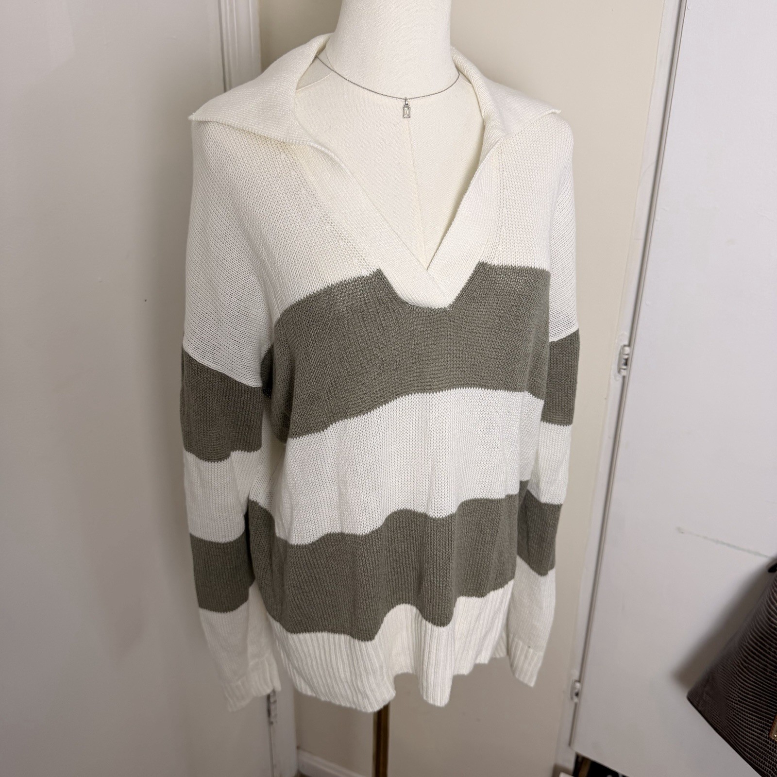 Haven Well Within Popover Sweater Sz L Linen Organic Cotton Green/White Striped