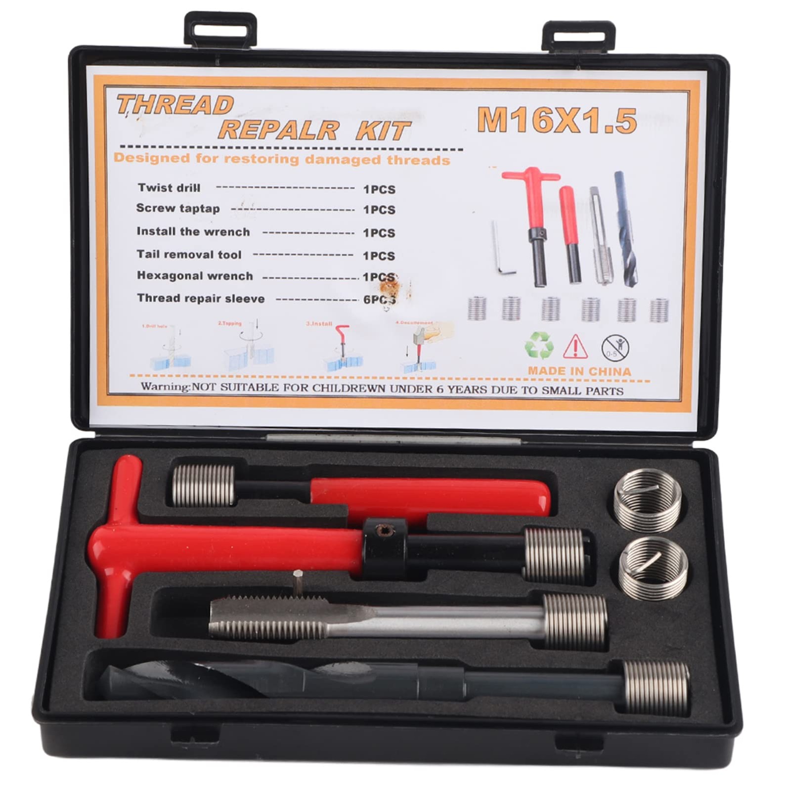 Thread Repair Kit M16x1.5mm, Stainless Steel, 11 Pieces, Threaded Inserts