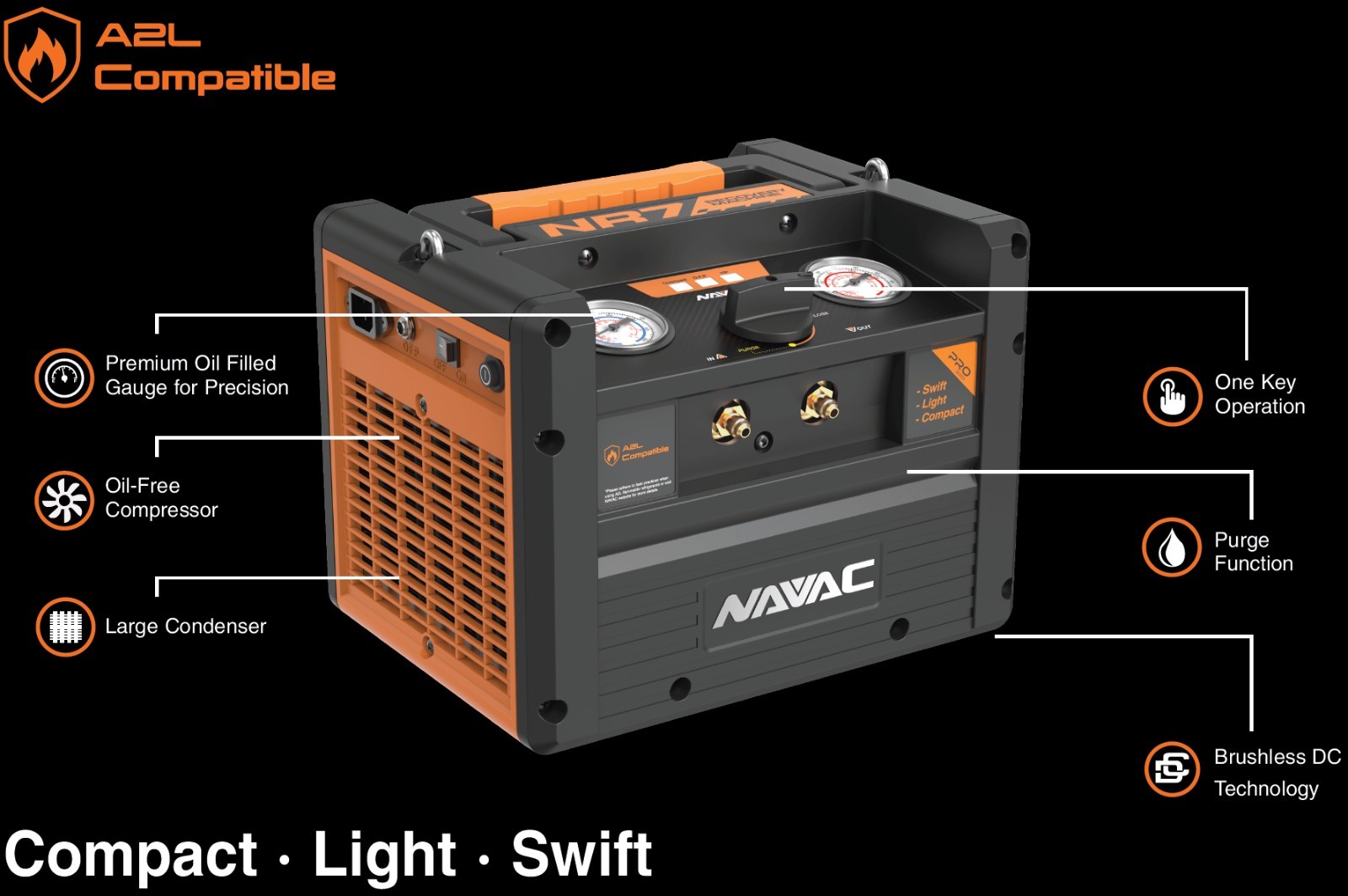 Navac NR7 Refrigerant Recovery Machine Twin Cylinder A2L HVAC Oil-Free NR-7 Navac NR7 Refrigerant Recovery Machine Twin Cylinder A2L HVAC Oil-Free NR-7