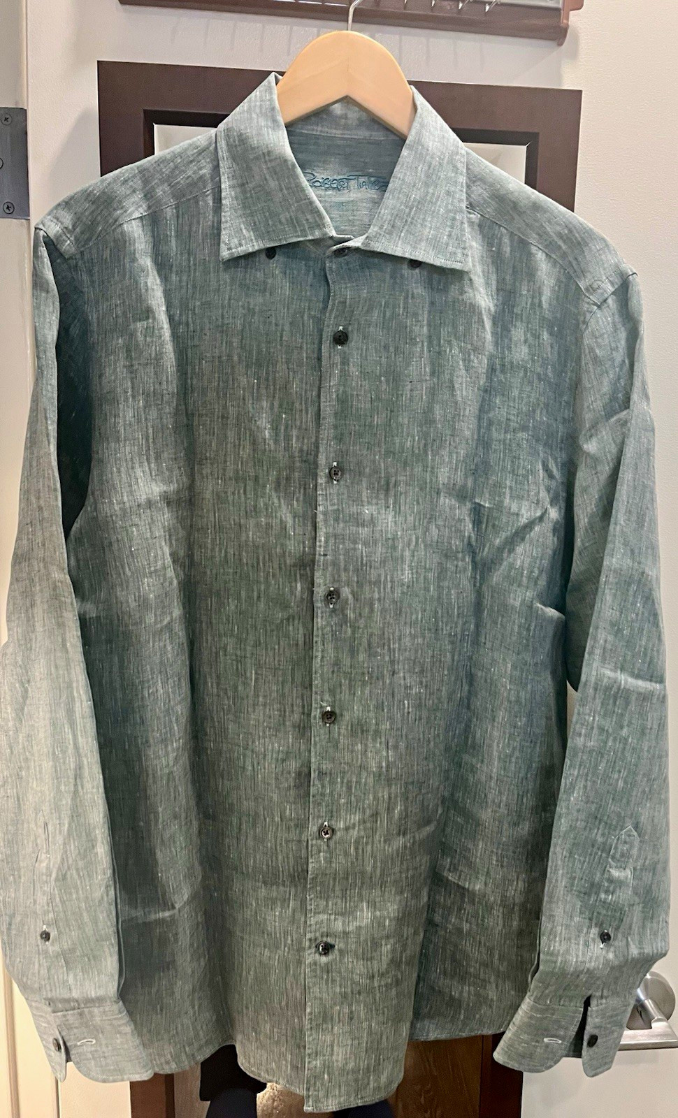 Robert Talbott Green Linen Solid Long Sleeve Point Collar Dress Shirt L Robert Talbott Green Linen Solid Long Sleeve Point Collar Dress Shirt L