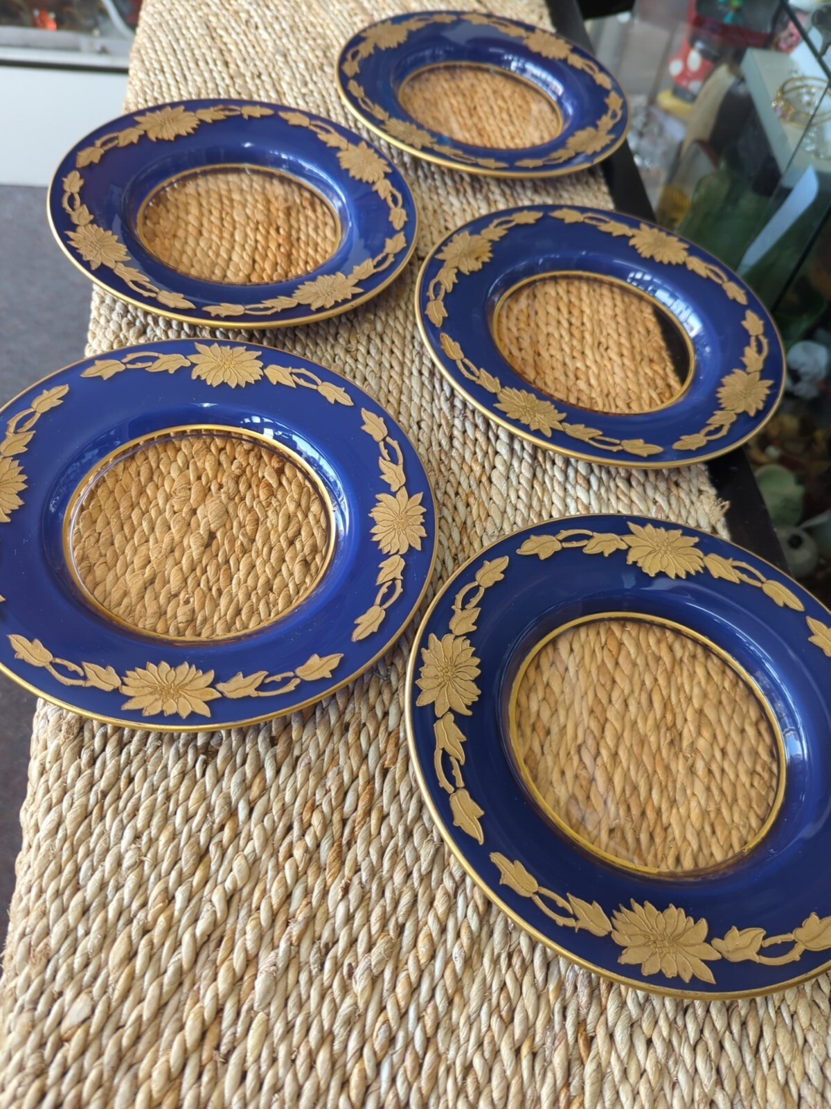 Antique Bohemian Gold Gilt Enameled Colbalt Cased Glass Plates Set 5 Hand Paint Antique Bohemian Gold Gilt Enameled Colbalt Cased Glass Plates Set 5 Hand Paint