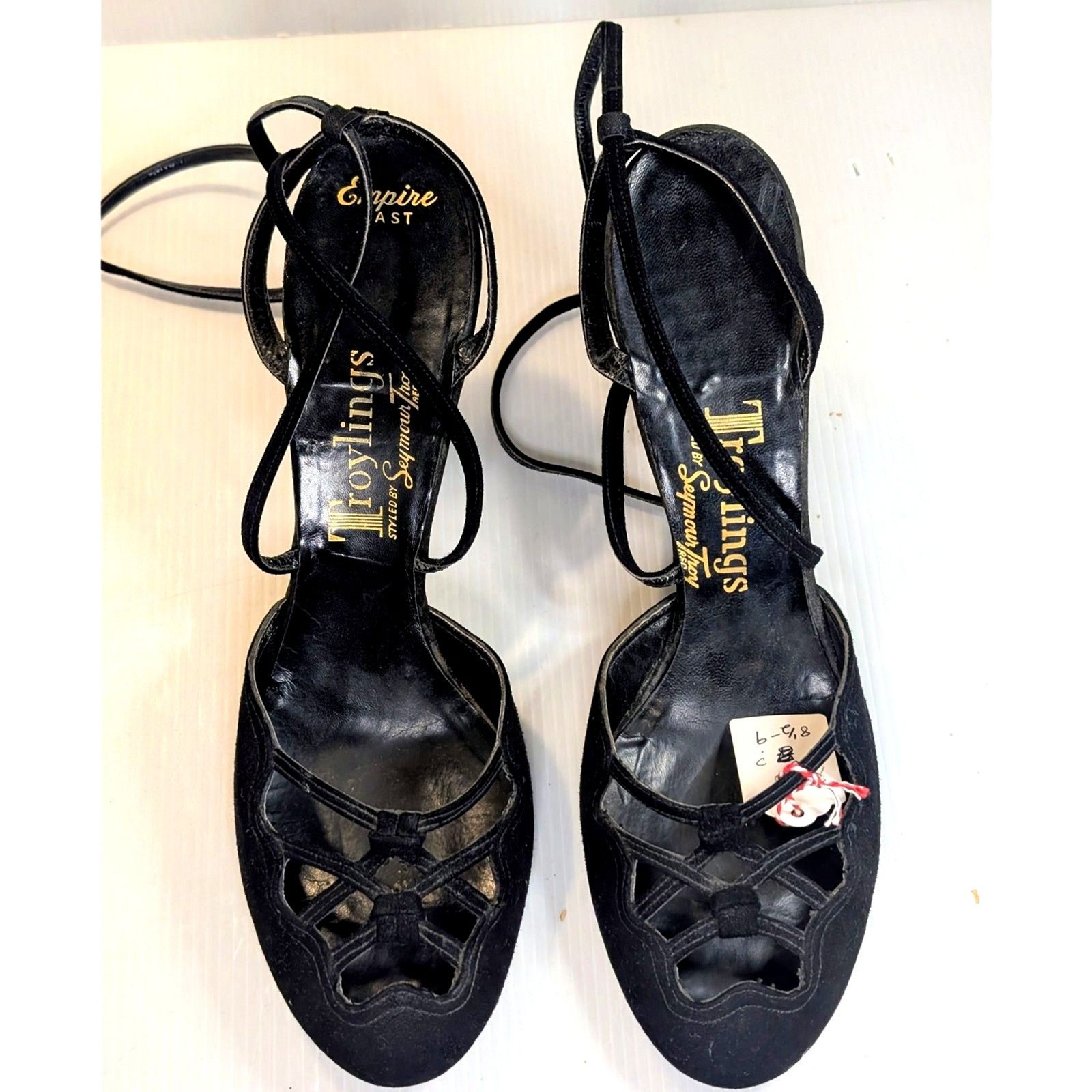 Vintage 1940s 1950s Troylings Seymour Troy Black Suede Ankle Tie Heels 8/8.5