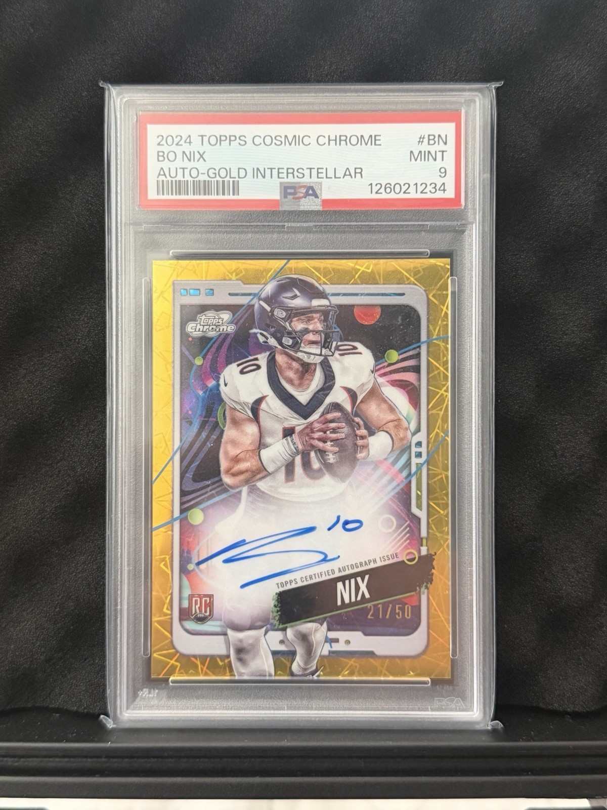 2024 Topps Cosmic Chrome Autograph Bo Nix Gold Interstellar 21/50 Rookie PSA 9 2024 Topps Cosmic Chrome Autograph Bo Nix Gold Interstellar 21/50 Rookie PSA 9