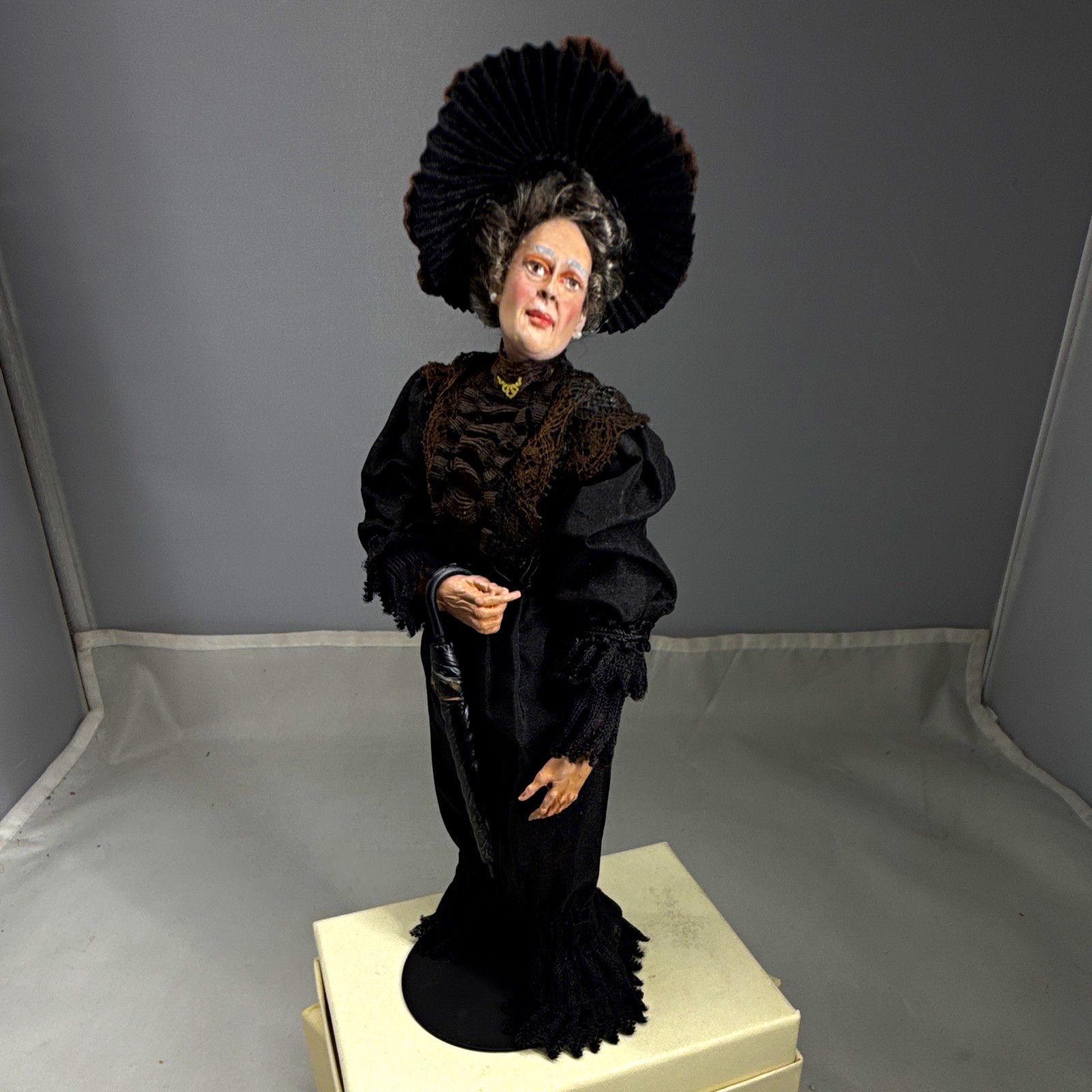 Vintage Artisan Victorian Mourning Lady Doll 1:12 Black Dress Umbrella OOAK