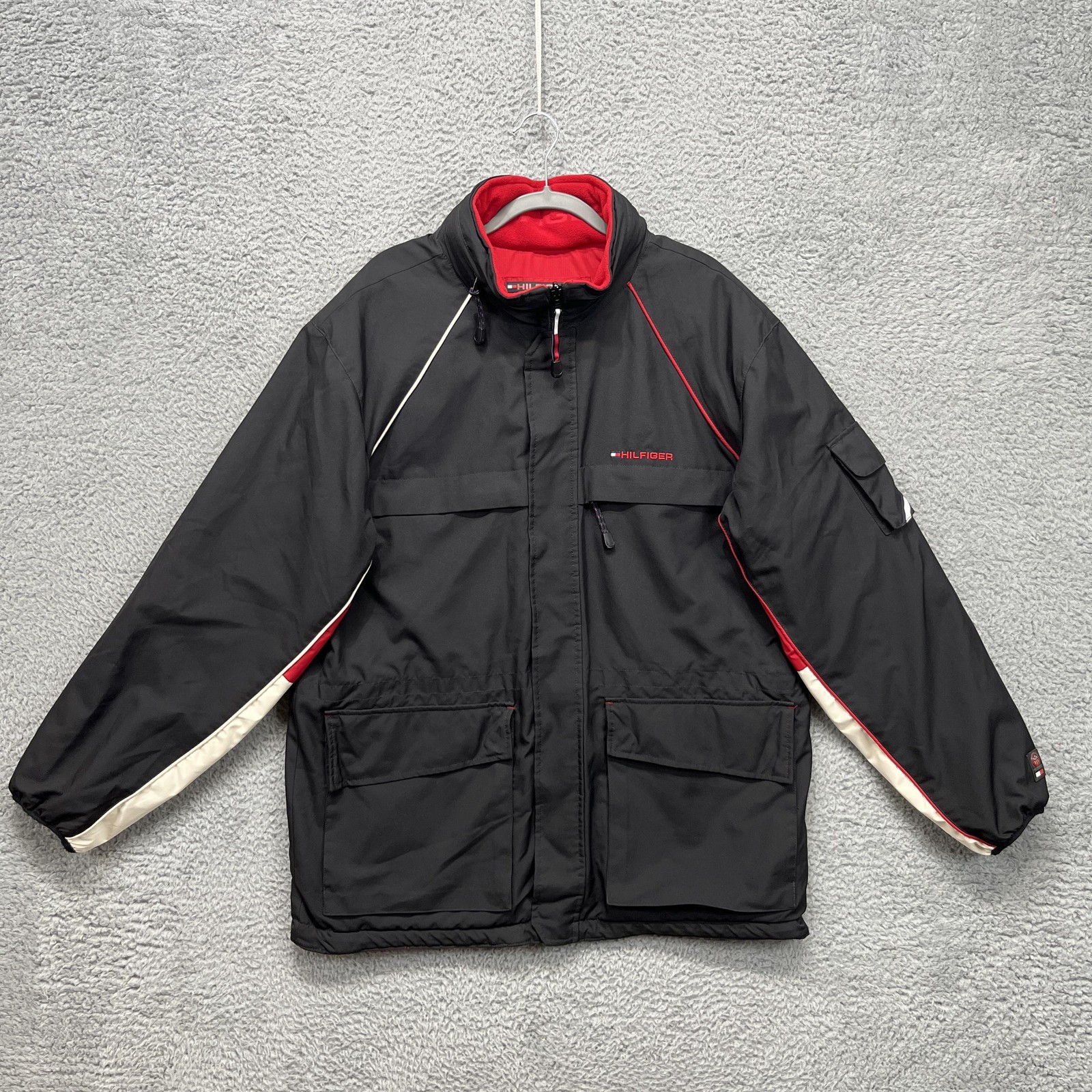 Vintage Tommy Hilfiger Reversible Jacket Mens XL Black Fleece Lined Hooded 2000s