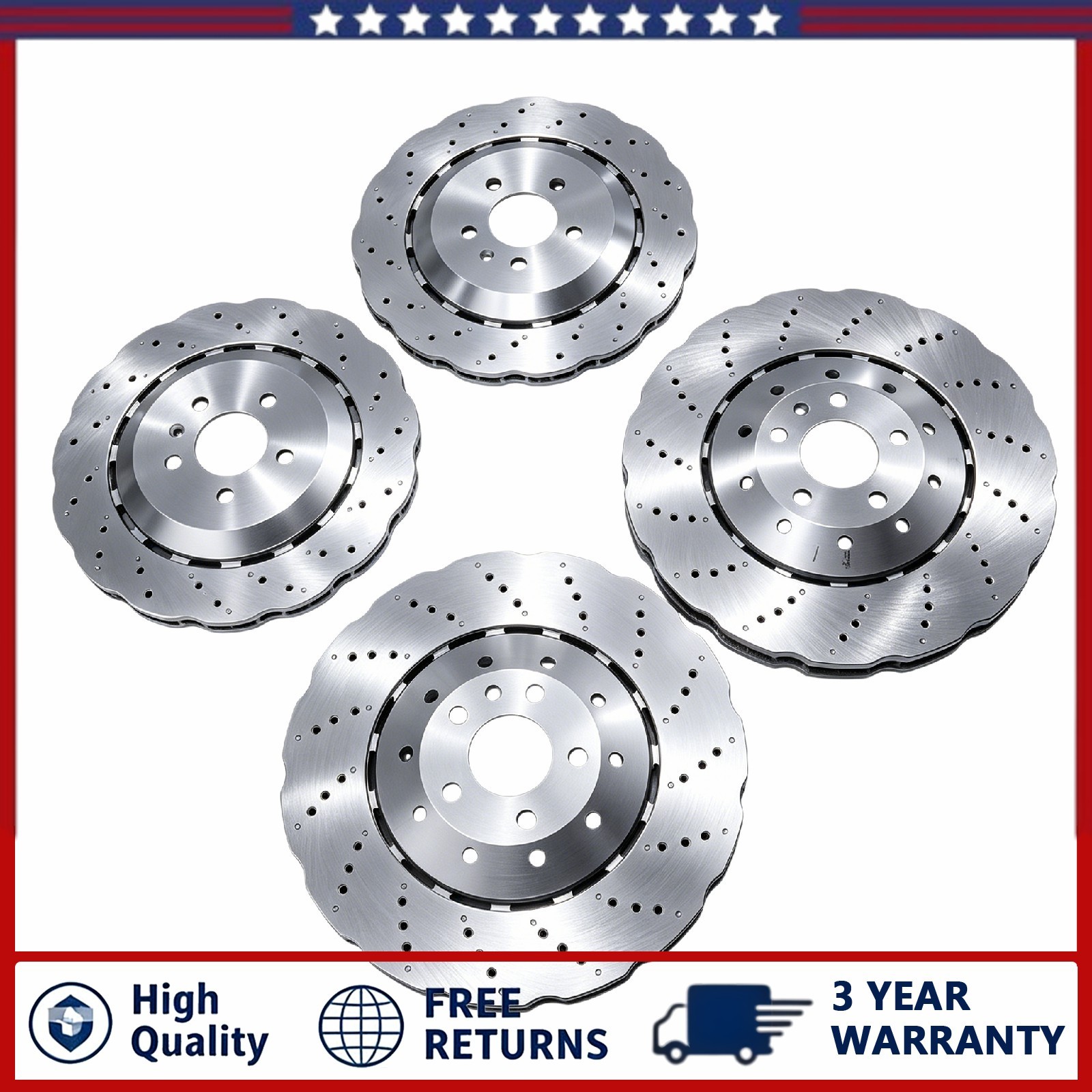 Fit For RS7 14-16 Set of Front & Rear Vented Drilled Dimpled Disc Brake Rotors