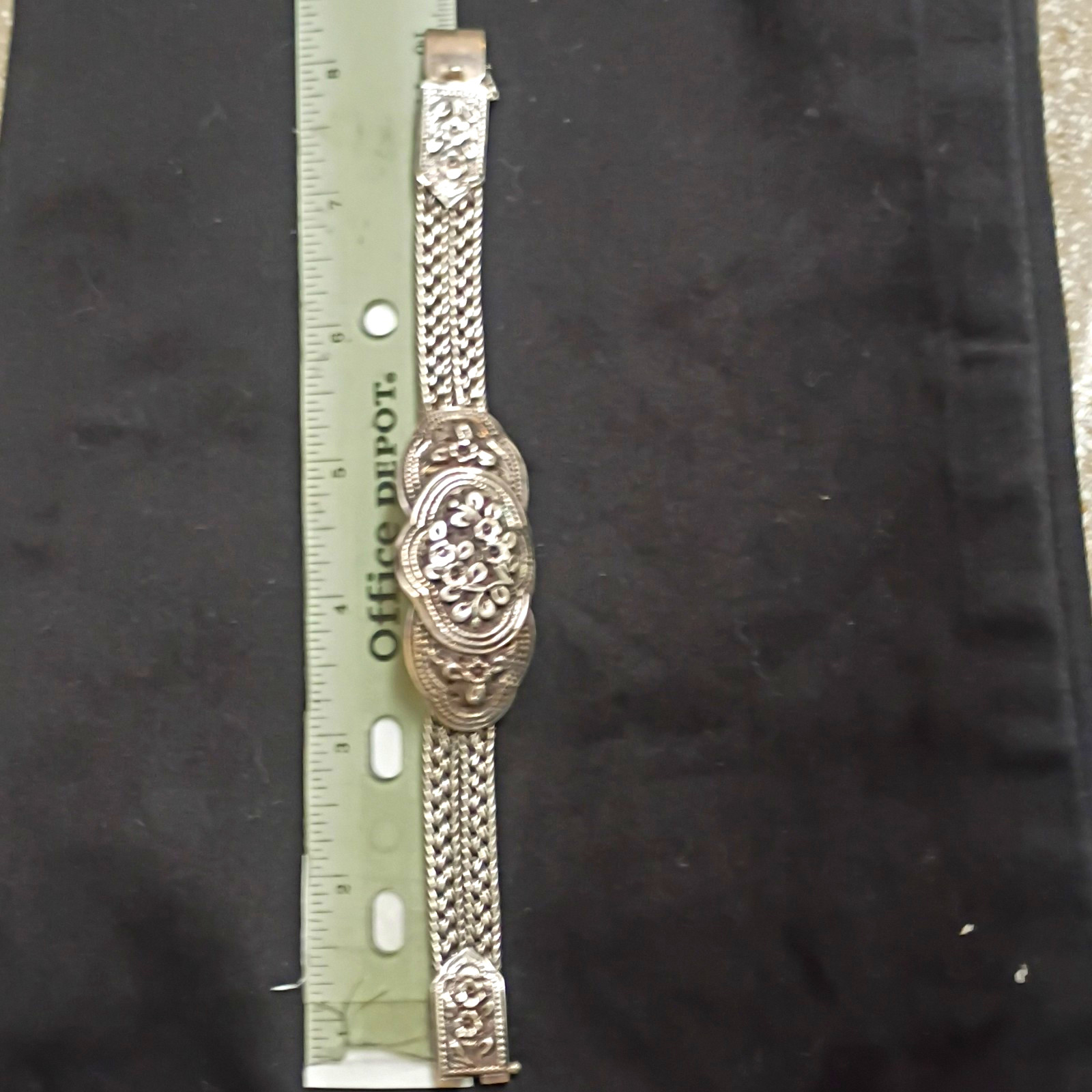 Vintage Signed Thailand 925 Sterling Silver Ornate Floral Panel l Mesh Bracelet